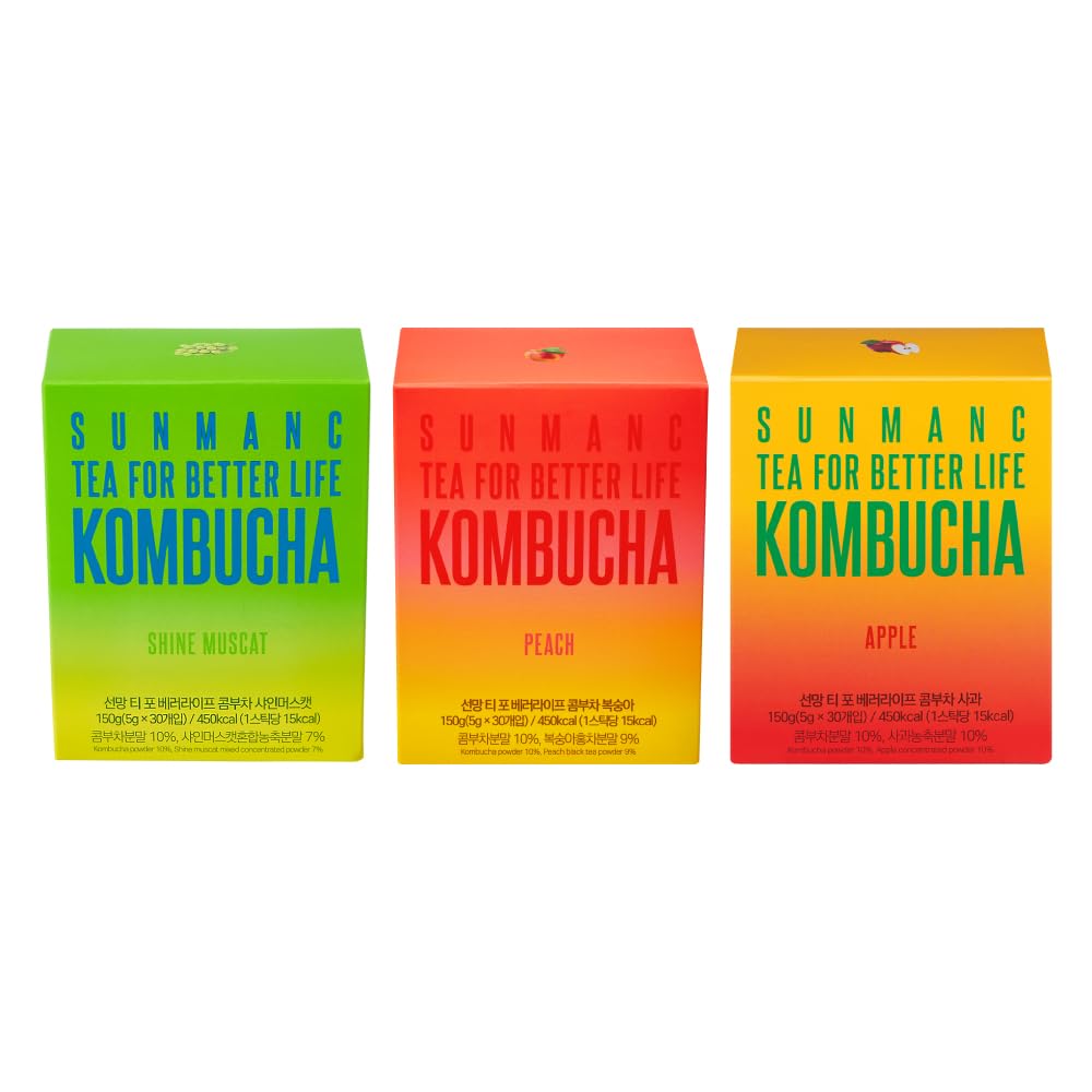 SUNMANC(サンマン)コンブチャ 150g (5g×30個入り) 3個セット コンブ茶, 乳酸菌, 糖類ゼロ, ゼロシュガー, ノンシュガー, 韓国緑茶 発酵コンブ茶 (シャインマスカット ＋ ピーチ ＋ アップル)