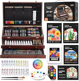 Shuttle Art お絵描きセット 202点 アート 画材 色鉛筆 アクリル絵の具 クレヨン 固形水彩 塗り絵 キャンバス スケッチブック イラスト 水彩画 鉛筆画 パレット・ブラシ付き お絵かき 収納ボックス 携帯便利 プレゼント 入学 誕生日祝い ギフト 子供 小学生 初心者