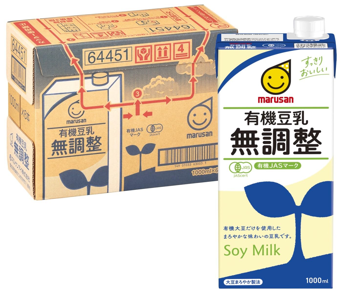 Marusan Organic Unsweetened Soy Milk, 33.8 fl oz (1,000 ml) x 6 Bottles