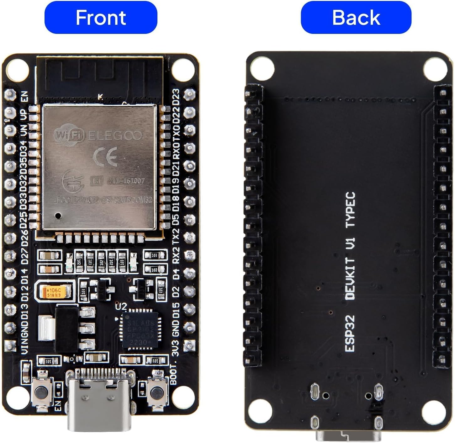 ELEGOO ESP-32- Плата разработки USB-C двухрежимным двухъядерным микроконтроллером CP2102 с частотой 2,4 ГГц, чип CP2102, комплект из 2 предметов | AP / STA / AP + STA, совместимый с Arduino IDE, фото 3