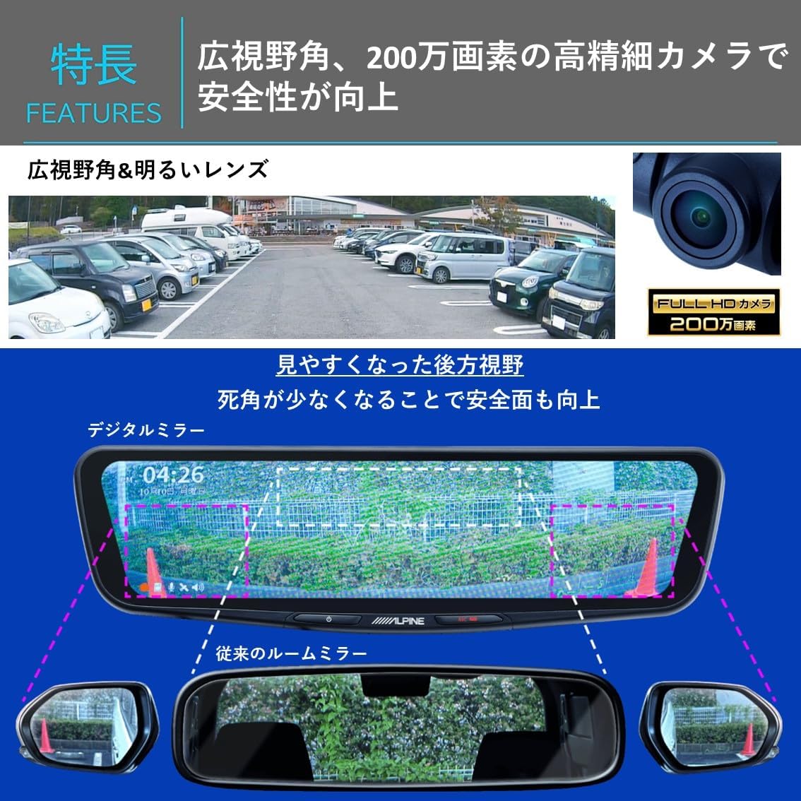 Alpine DVR-DM1000B-IC — цифровое зеркало с видеорегистратором, 10 дюймов (с креплением на планку/встроенной задней камерой для автомобиля), фото 6