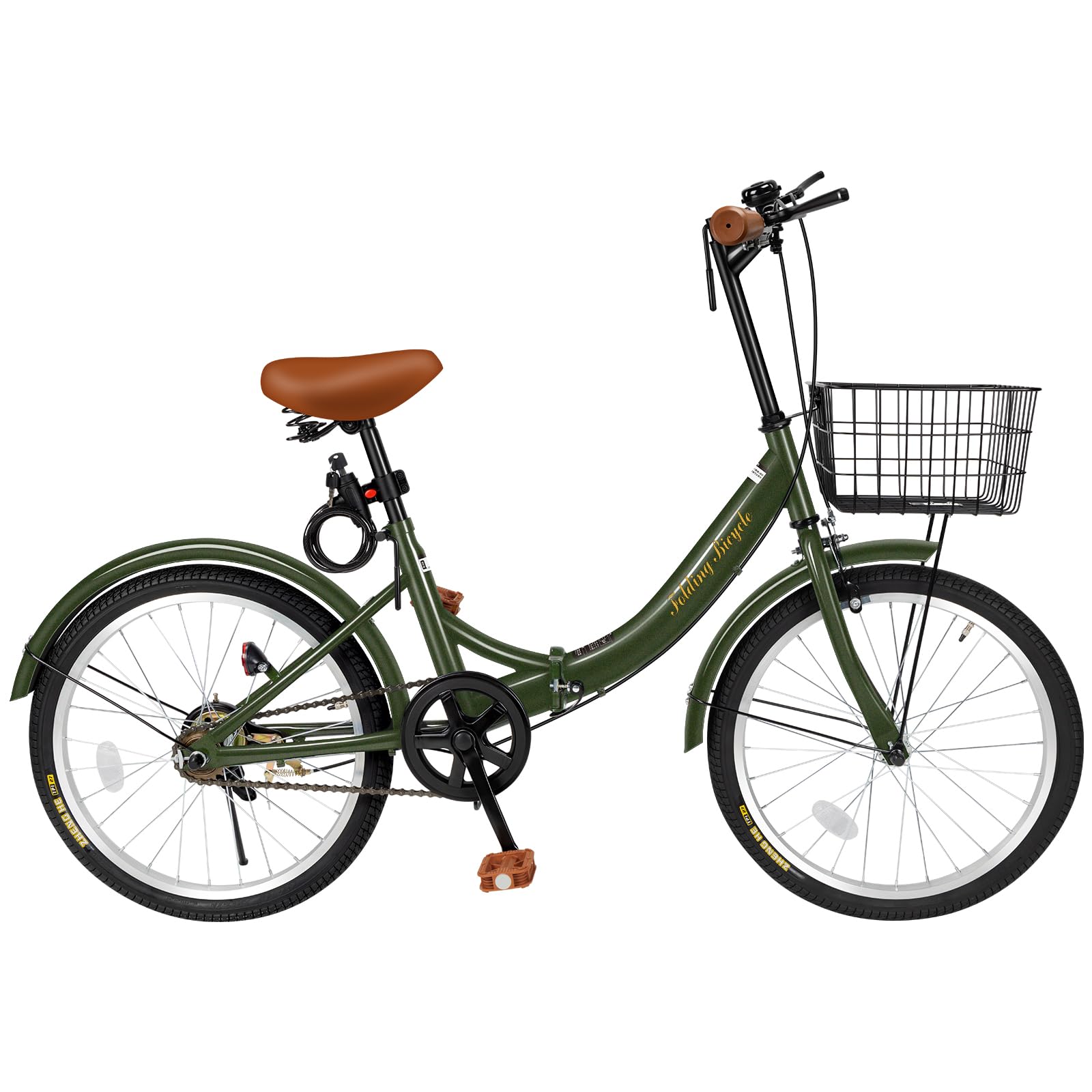 Mixiu Folding Bicycle, 20 Inches, Small, Lightweight, Folding Bicycle, High Carbon Steel Frame, Anti-Slip Tires, Basket, Bell, Wire Lock Included, For Work or School, Unisex green