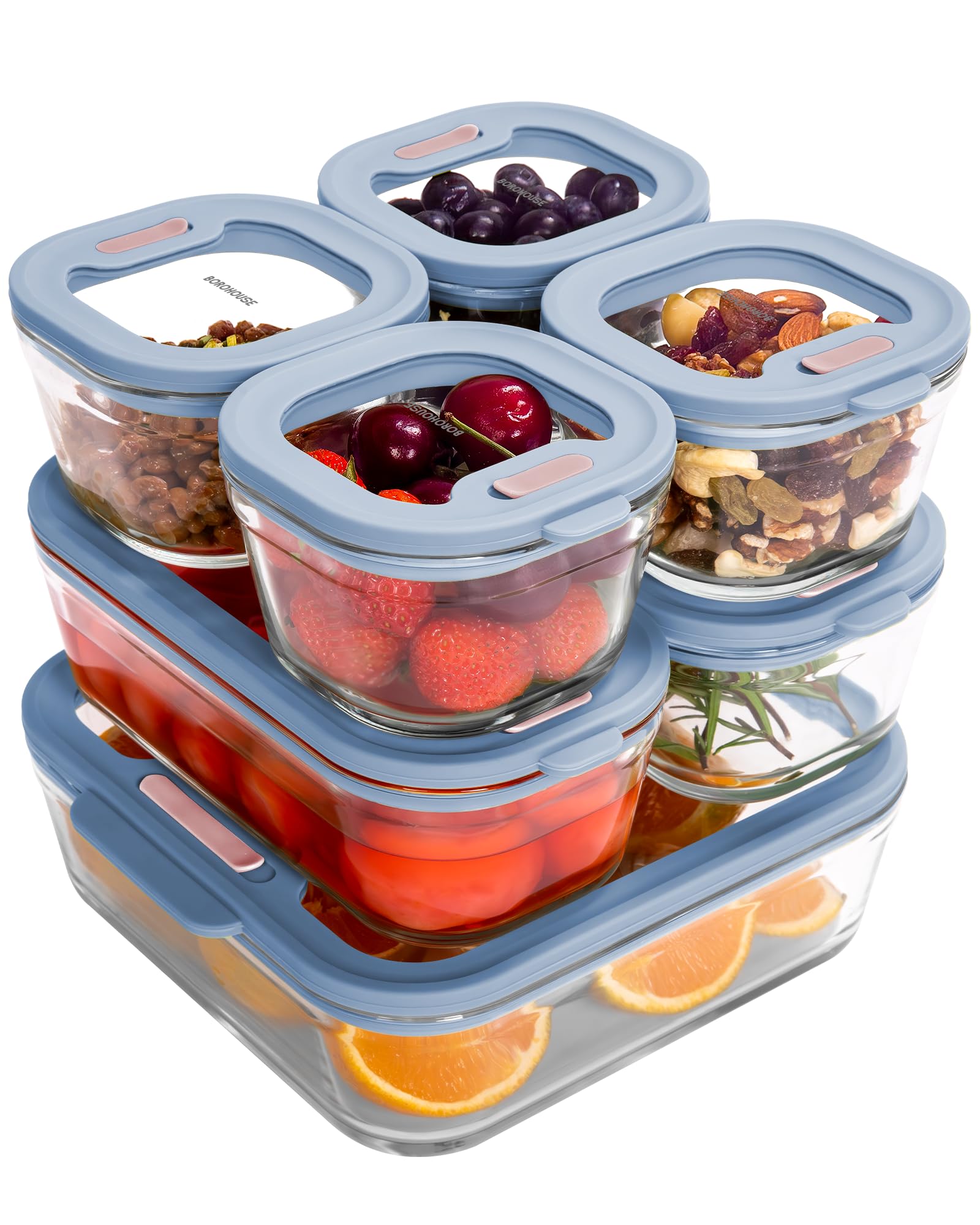 Heat-resistant Glass Storage Containers, Set of 7 (8.5 fl oz (240 ml) x 4, 26.0 fl oz (560 ml) x 2, 47.0 fl oz (1,370 ml) x 1), Microwave, Oven & Freezer Safe at -4°F (-20°C to 510°C), Sealed Silicone Lid & Valve with Leak Proof, Leak Proof, Dishwasher Safe, Dishwasher Safe, For Preparation, Baby Food, Blue blue 1370mlx1個·560mx2個·240mlx4個