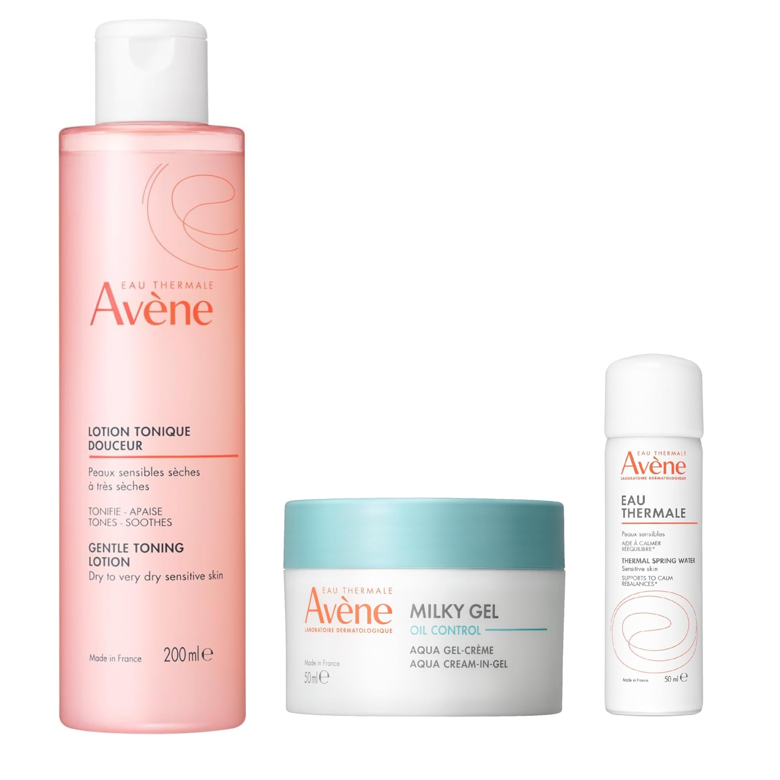 Avene Sensory Kit Skin Balancing Lotion SS N 6.8 fl oz (200 ml) + Milky Gel, Oil Control, 1.7 fl oz (50 ml) + Avene Water 1.7 oz (50 g) | All in One | Milk Lotion Gel Liquid | Unscented | Delicate Oil Control (Lotion 6.8 fl oz (200 ml) + Water)