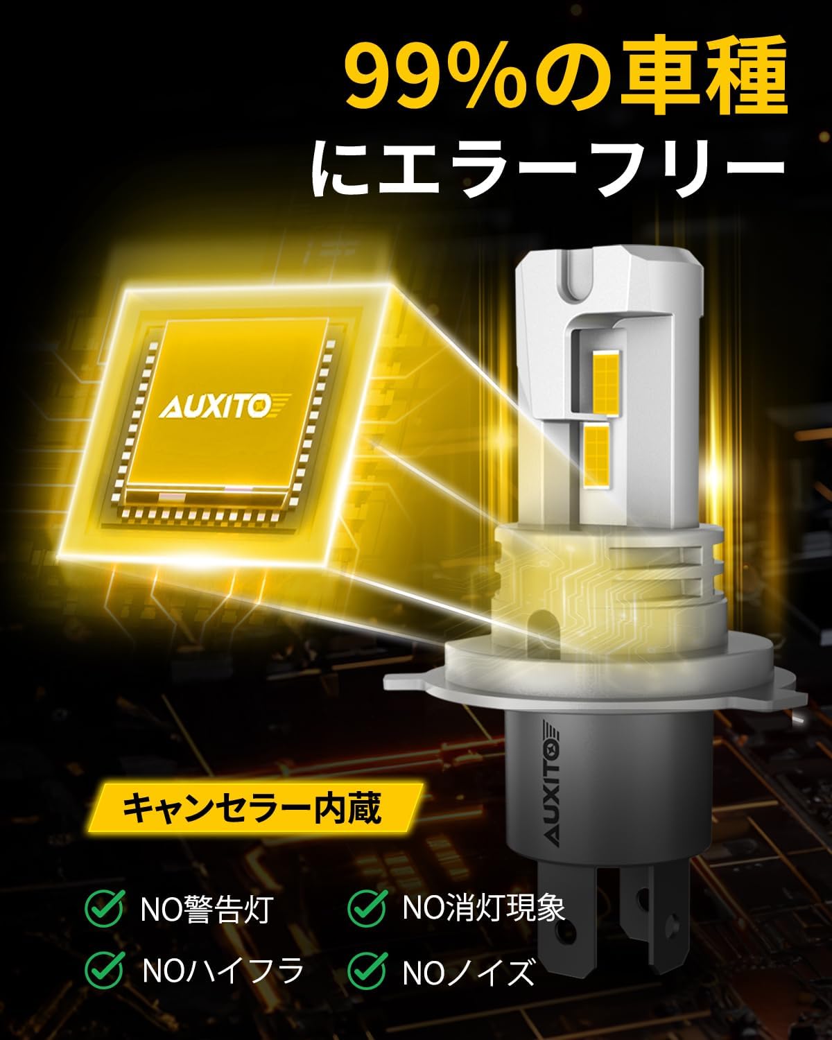 Светодиодная фара AUXITO H4 для проверки соответствия требованиям HI / LO, перетасовка в 4 раза, увеличение яркости до 3000 К, желтый светодиод высокой яркости, развертывание светодиодного чипа, установка взрывного света, простая регулировка оптической оси, бесплатная, 12-18 В постоянного тока, IP67, водонепроницаемый, клапан H4, бесшумный, бесшумный, галогенный, встроенный насос, встроенный светодиод H4, длительный срок службы, гарантия продавца 3 года, 2 шт., фото 7