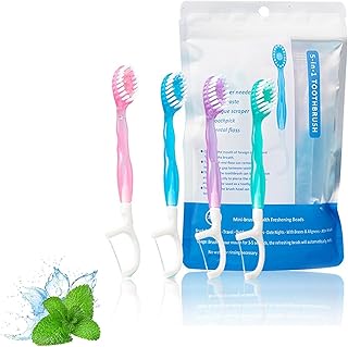 5 in 1 Mini Toothbrush & Floss & Tongue Scraper & Toothpick Set, Portable Oral Care for Travel Work, Disposable Toothbrushes with Toothpaste, 26PCS Individual Packs for Travel, Work (1)