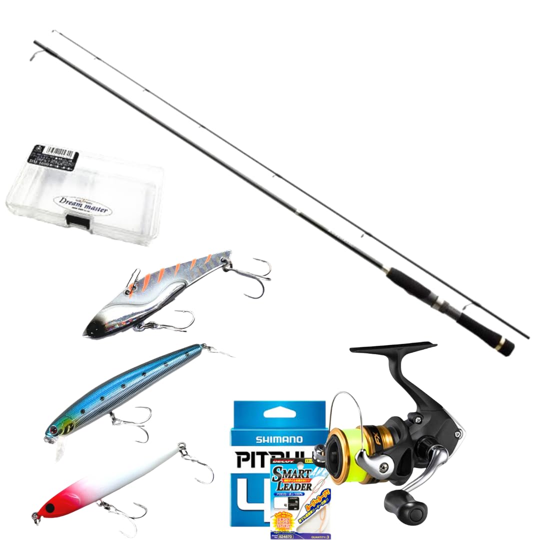 Shimano Complete Lure Set Lurematic S86ML+FX2500 PE Line Pre-Spooled (For Sea Bass, Eging, Surf, Shore Jigging, Pitbull No. 1 Pre-Spooled Line, Fishing Beginner) Shimano Lure Fishing Set with Sea Bass Lures (Pre-sprunled)
