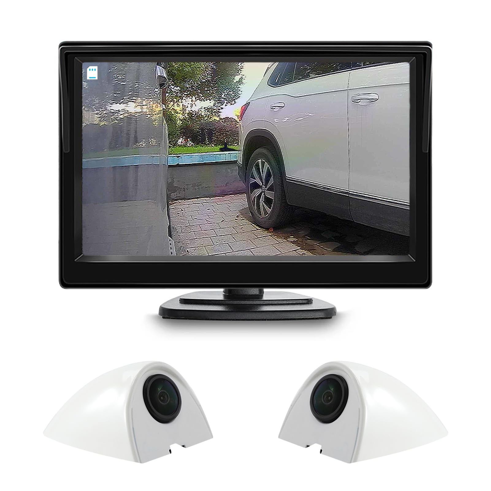 Antion 5-Inch Monitor, 2-Piece Side Camera Set, AHD 1080P, IPS LCD Monitor, Door Mirror, Blind Spot Checking, Real Time Monitoring, Recording Function, Car Camera, 2 Megapixels, Minimum Illumination white