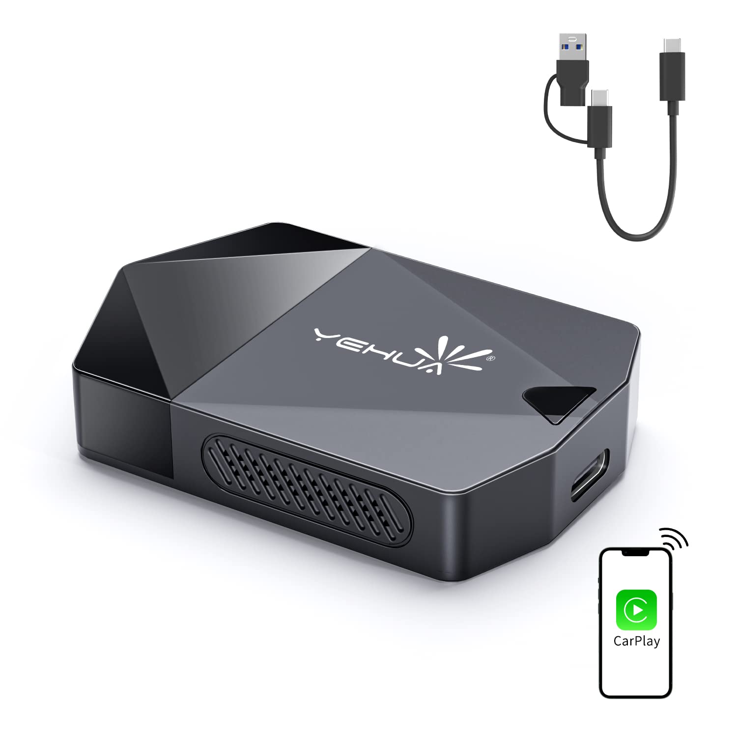 Wireless CarPlay Adapter, YEHUA Wireless Car Play Wireless Display Adapter Wireless Dongle For Vehicles Equipped With Genuine Wired CarPlay Yahoo! Car Navigation Time, Google Maps, Music, Siri, Calls, Message Receiving, USB C to A Replacement Cable, Compatible with Over 600 Vehicles (Compatible with iPhone Only) USB-C