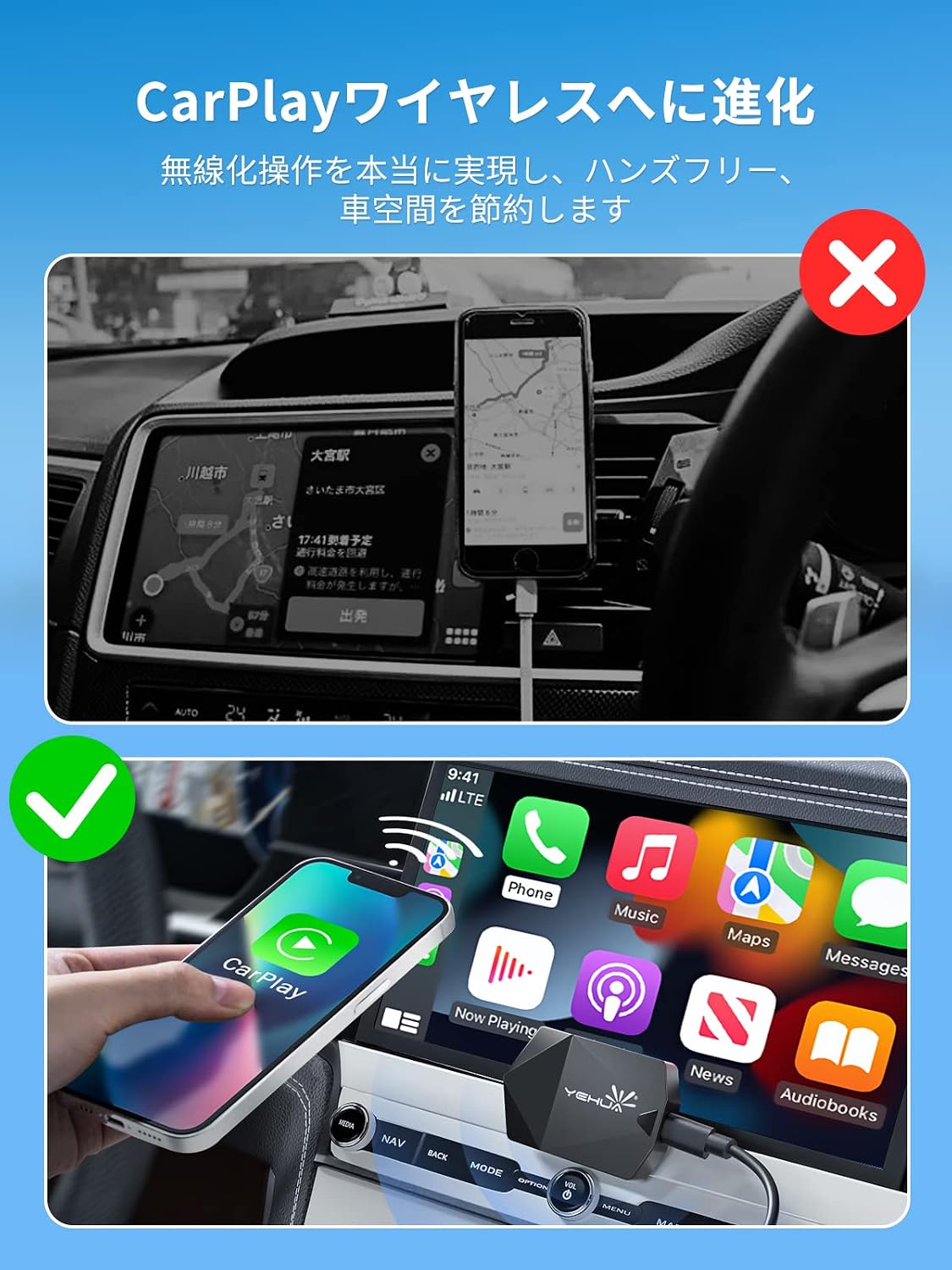 Беспроводной адаптер CarPlay, YEHUA Wireless Car Play Беспроводной адаптер Дисплея Беспроводной ключ Для Автомобилей, Оснащенных Оригинальным Проводным CarPlay Yahoo! Время навигации в автомобиле, Google Maps, Музыка, Siri, Звонки, Получение сообщений, Подключение USB C к сменному кабелю, совместимость с более чем 600 автомобилями (только с iPhone) USB-C, фото 2