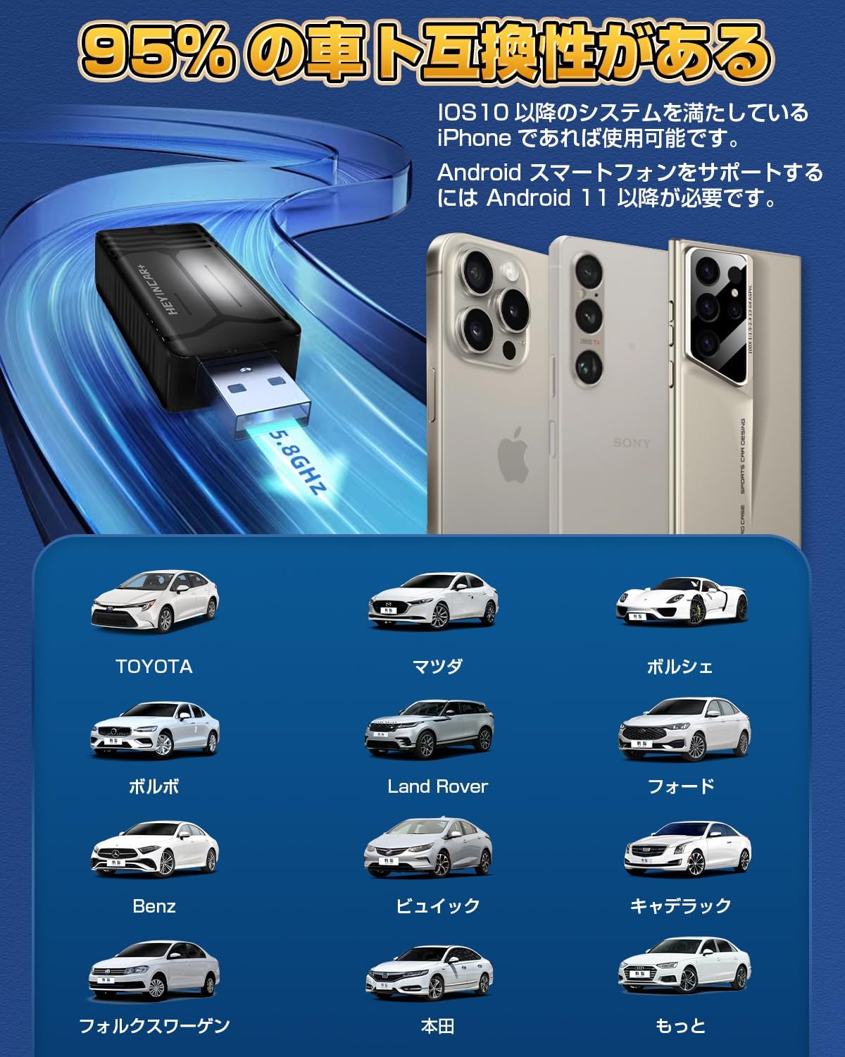 【Беспроводной адаптер компактного дизайна, Последнее поступление】 HEYINCAR + Беспроводной CarPlay / Android Auto Адаптер Беспроводной CarPlay и Android Auto для оригинальных автомобилей, оснащенных проводным CarPlay / Android Auto Bluetooth / Музыка, фото 6