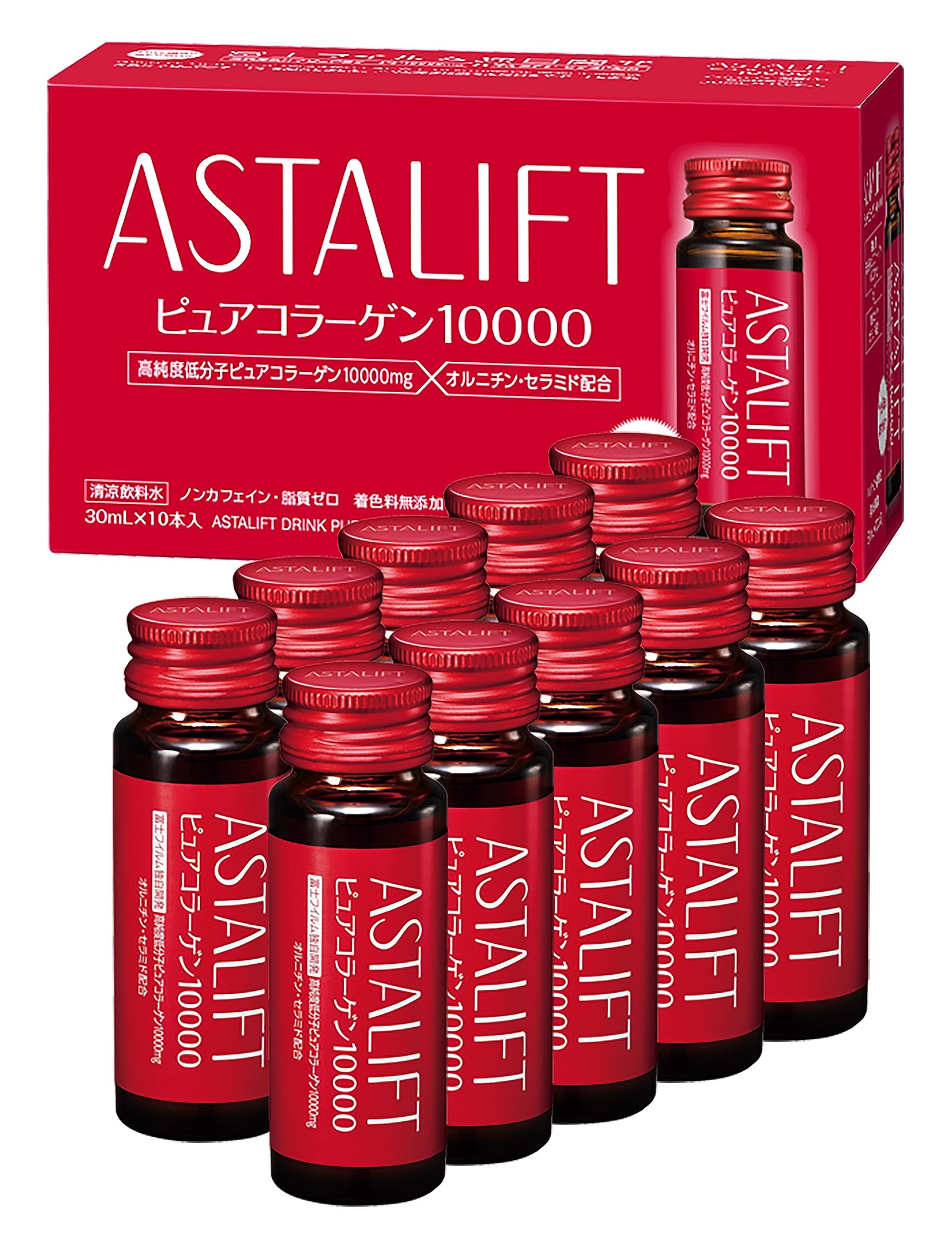 Astalift Pure Collagen Drink, 10,000 (1 Box, 1.01 fl oz (30 ml) x 10 Bottles), Caffeine-Free, Peach Yogurt Flavor, Ornithine, Vitamin C, Ceramide