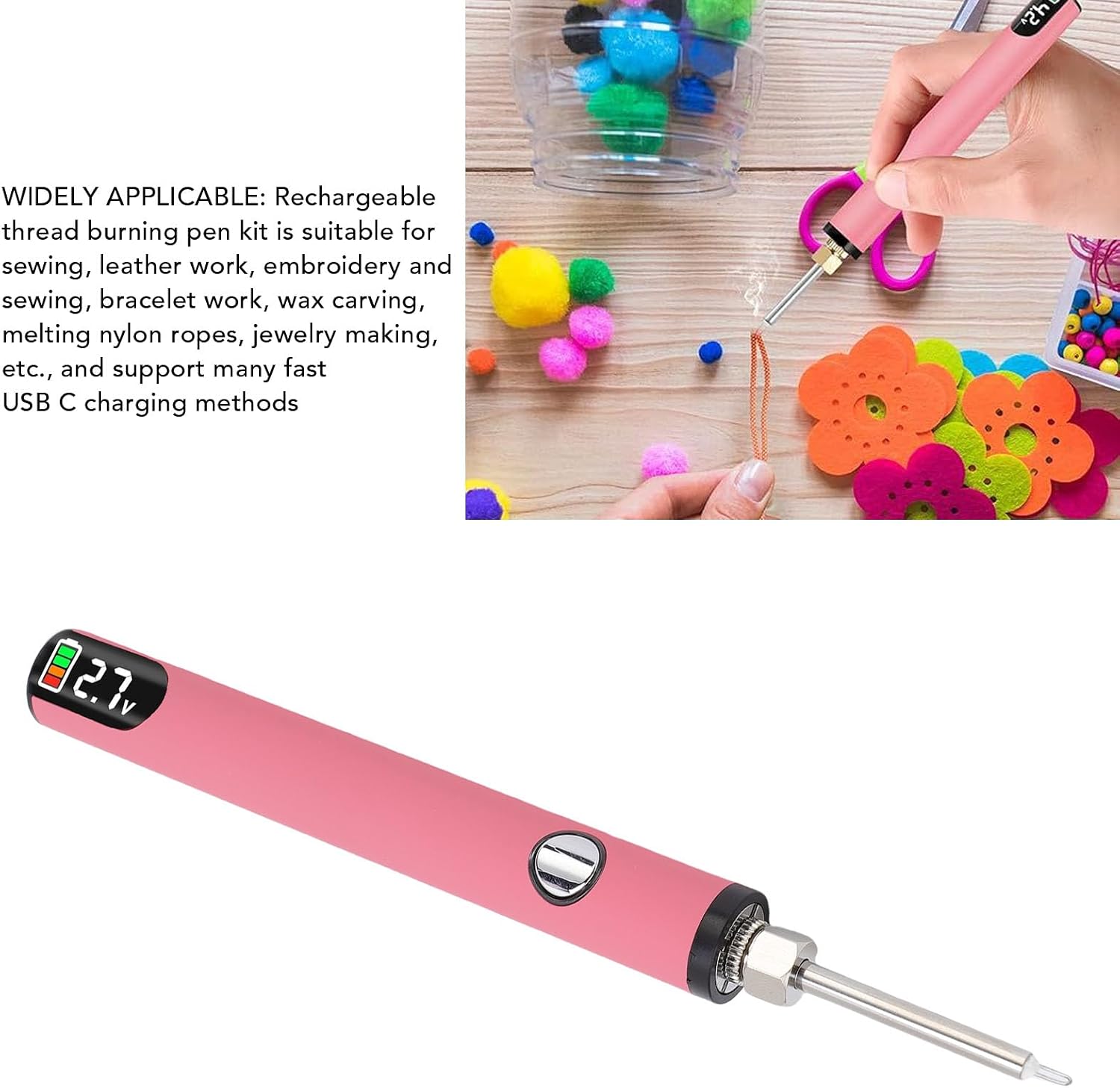 Электронагревательная ручка Walfront Heat Pen для кожевенного ремесла, инструмент для вырезания резьбы, Перезаряжаемая ручка для выпечки резьбы, цифровой дисплей, автоматическая защита от остановки, управление одной клавишей, 3-ступенчатая регулировка температуры, 650 мАч, длительное использование, аксессуары, полное хранение, Удобный инструмент для шитья, кожевенного ремесла, изготовления ювелирных изделий (розовый), фото 6