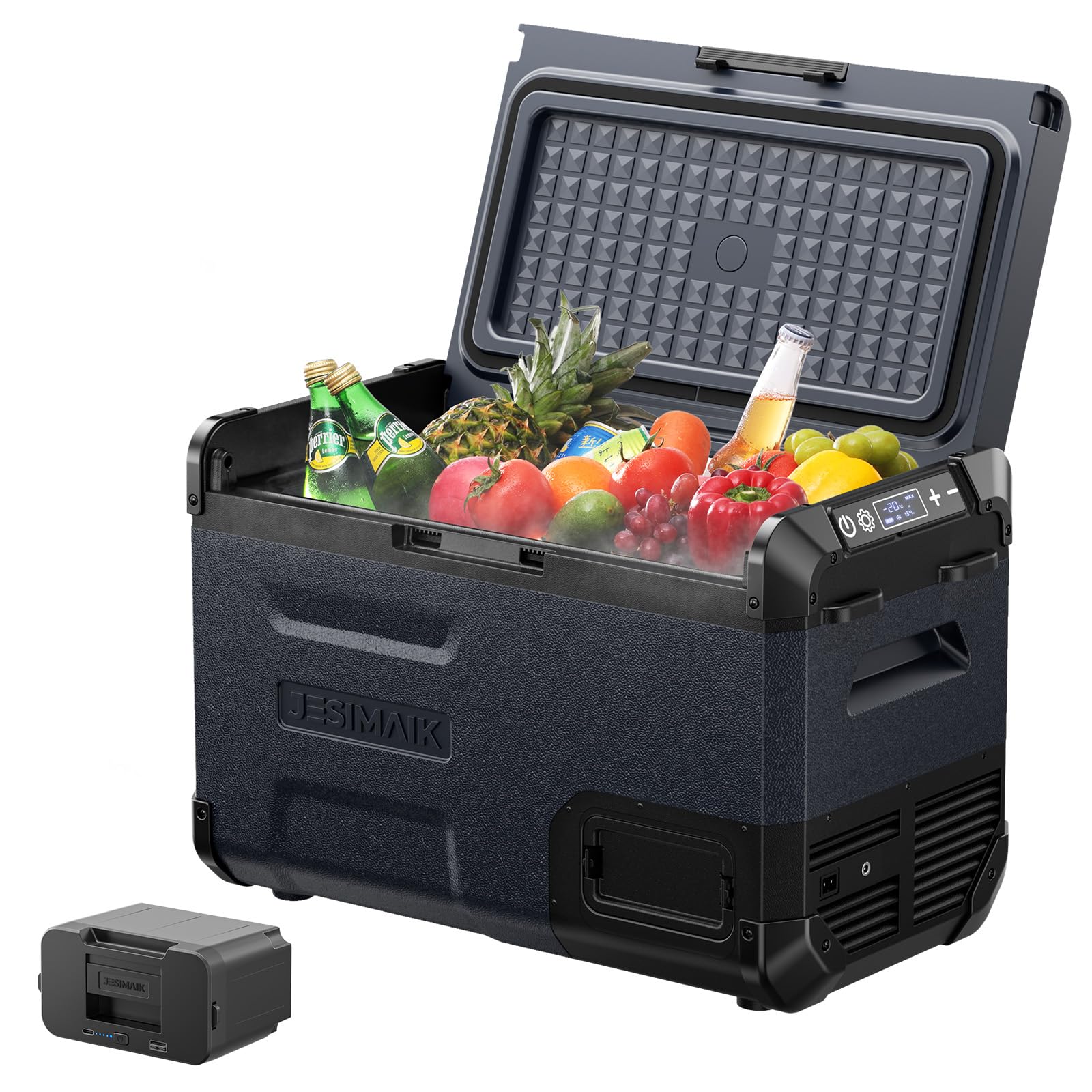 JESIMAIK Car Refrigerator E28 28L -20℃～10℃ with 1 Battery Fast Freezing Portable Refrigerator Small Double Door 4WAY Power Supply AC100V DC12V/24V Battery Cordless Cool Freezer Compressor Energy 4) One 28L battery included