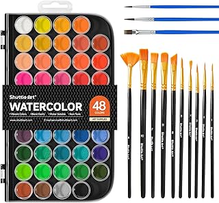 Shuttle Art 固形水彩絵具 48色セット 固体水彩 水彩絵の具 ブラシ13本 パレット 透明 溶けやすい 速乾 大人の塗り絵 水彩画 お絵描き 野外スケッチ用 携帯便利 美術 画材セット 学校用 初心者 専門家 プレゼント