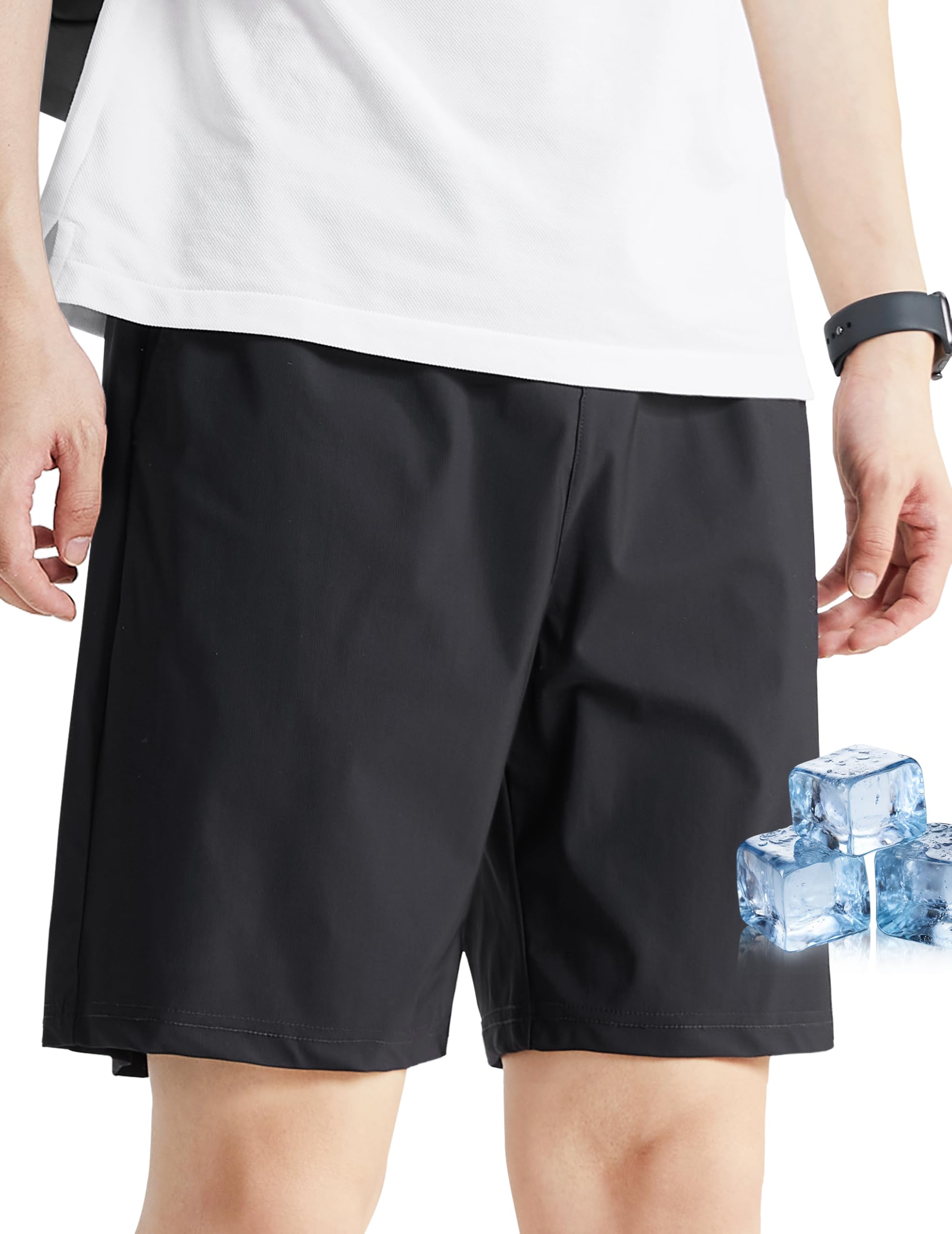 HISDERN New Arrival 101Air "Ice Silk" 4D Super Stretchy Super Quick Dry Half Pants Men Lightweight Sports Training Wear Contact Cooling Easy Pants Jogging Casual Summer 2 XL 01 Black (see figure 6 for sizing guides)