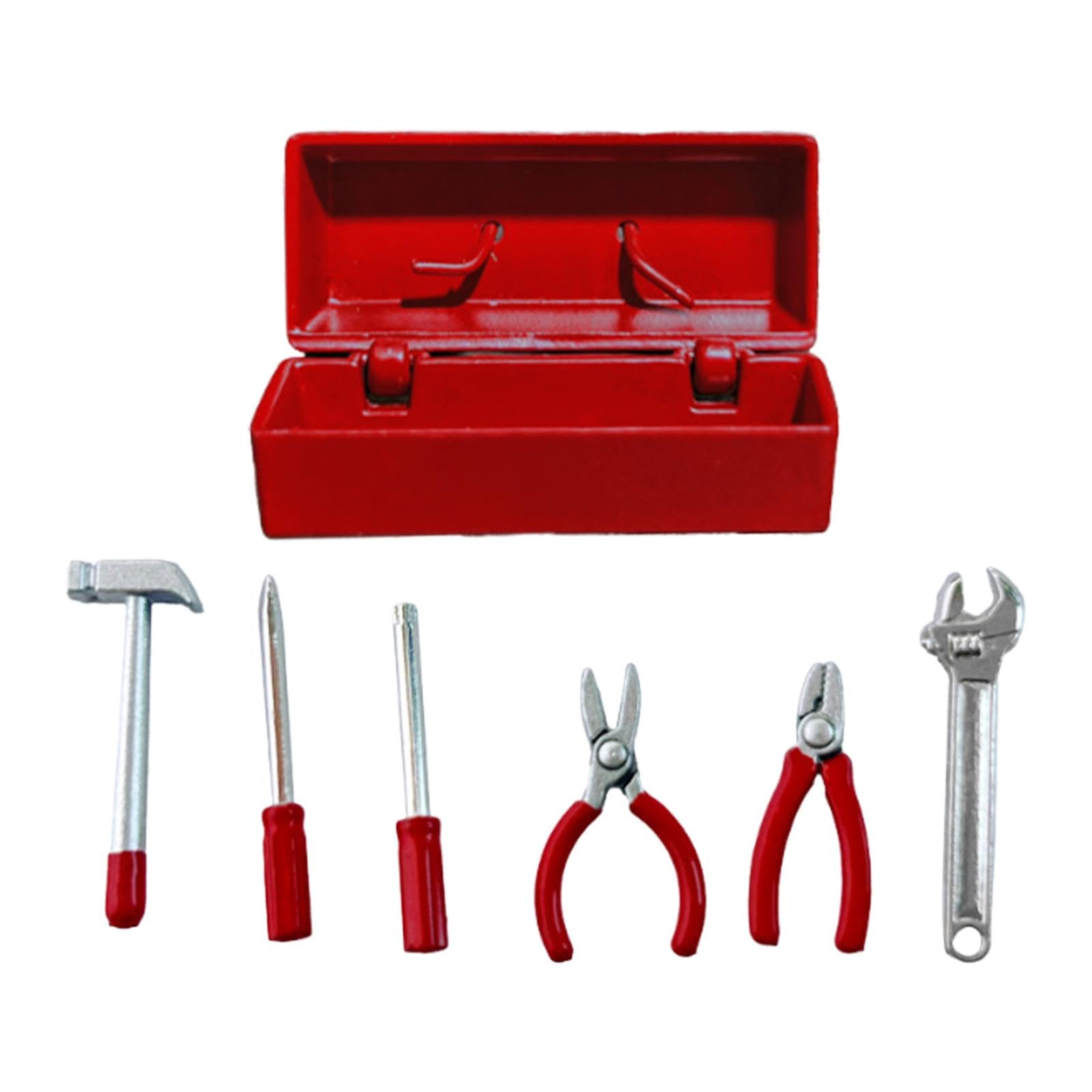 Generic Miniature Repair Box Compact Design Dollhouse Tool 1/12 Scale Repair Tool Model Simulation Miniature Tool Set with Metal Hammer Diorama Model Railroad Model Layout, For Dollhouse Construction red case