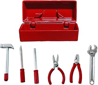 Generic ミニチュア修理ボックス コンパクトなデザイン ドールハウスツール 1/12スケール 修理道具モデル シミュレーション ミニチュア工具セット 金属製ハンマー付き ジオラマ模型 鉄道模型レイアウト、ドールハウスの建設、サンドテーブル風景に適用, レッドケース