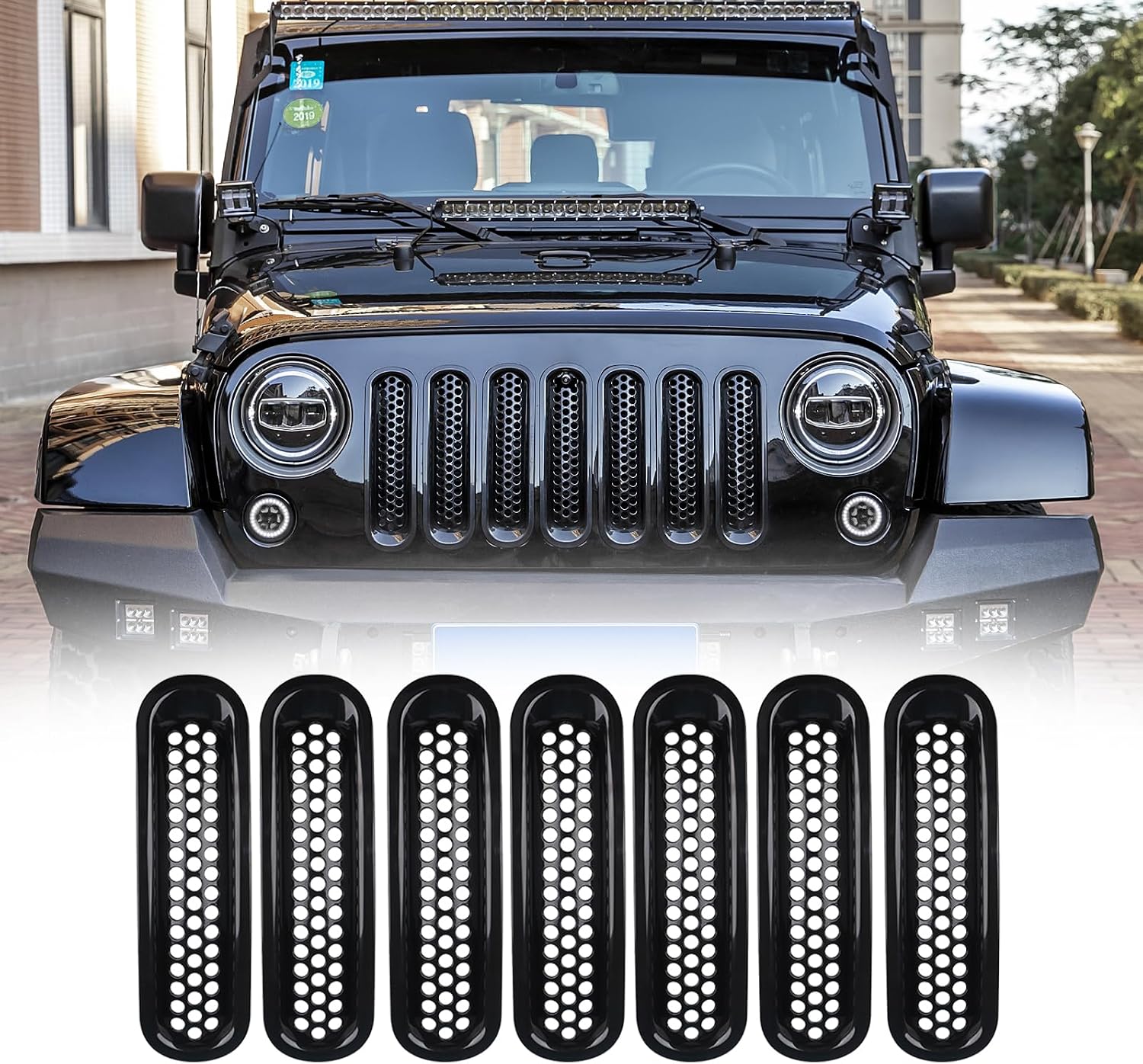 Крышка передней решетки радиатора Wrangler, сетчатая крышка, вставка для решетки радиатора, декоративная панель для передней решетки радиатора, комплект из 7 предметов (черный) (крышка передней решетки JK), фото 8