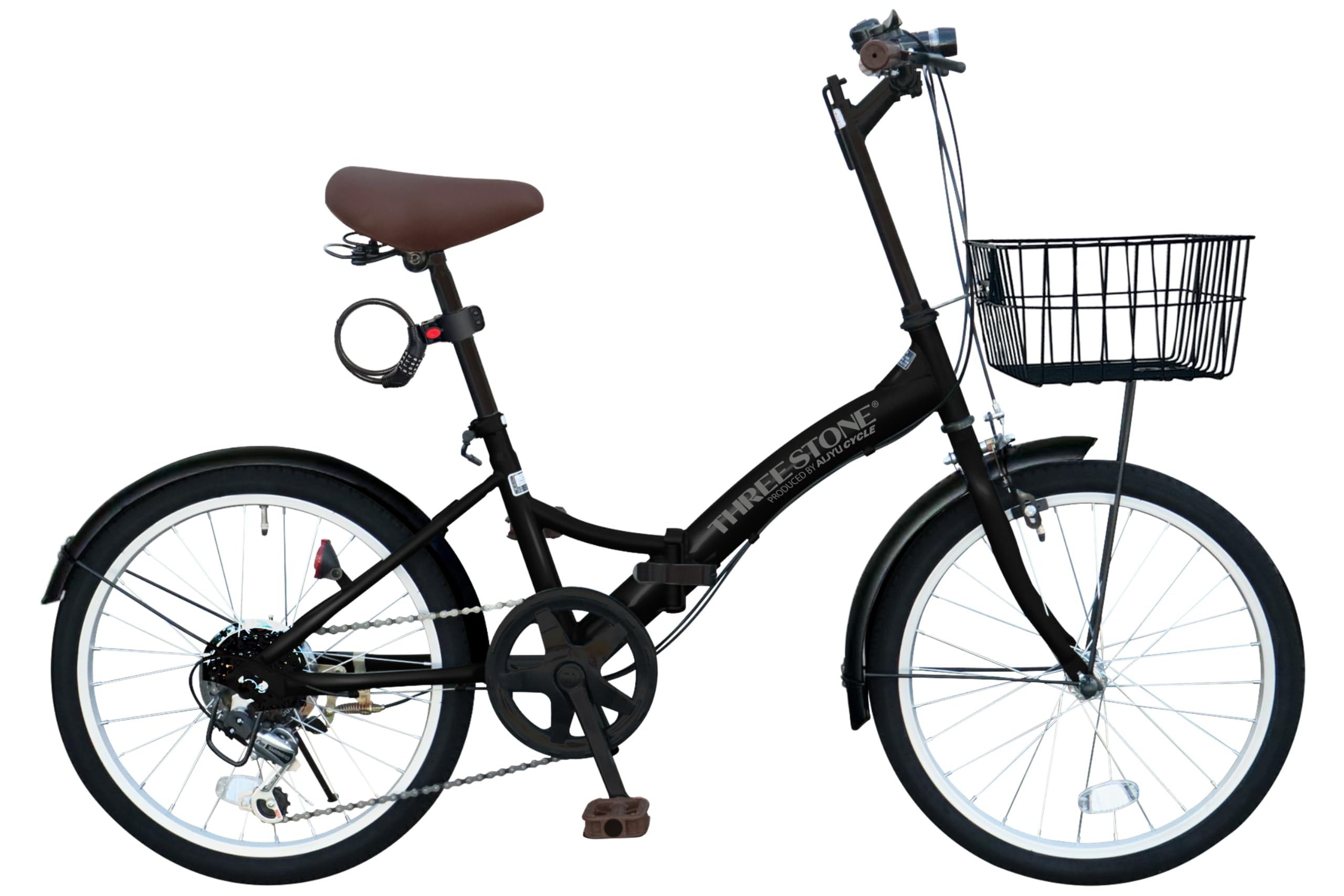 THREE STONE P-008 Folding Bicycle, Foldable Bike, 20 Inches, Shimano 6-Speed, Basket, Light, Wire Lock, Commuting to Work and School, City Riding matte black