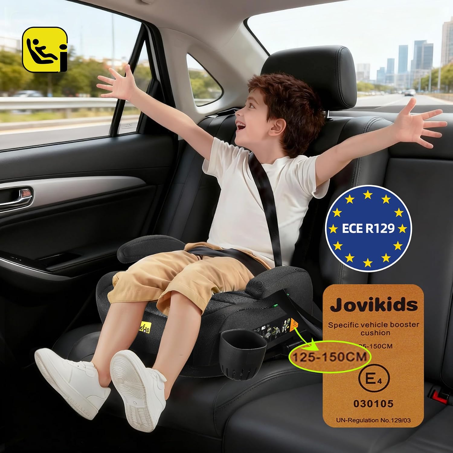 Бустер Jovikids E4, детское сиденье, 125–150 см (49,2–59,1 дюйма), с утолщённой подушкой, чёрный, с ISOFIX, фото 10