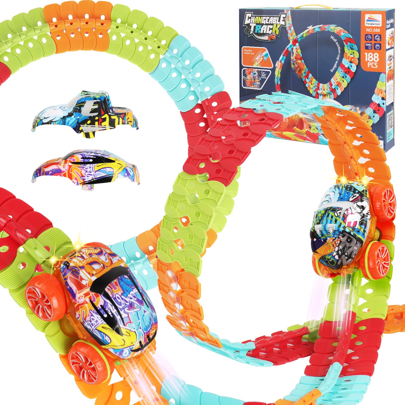 Toy Vehicle Set - DIY Car Rail Educational Toy Assembly for Kids - Boys Ages 6, 7, 8 - Toy Car with Lights and Suction Cups - 3D Puzzle DIY Popular Birthday Christmas Gift - 188pcs