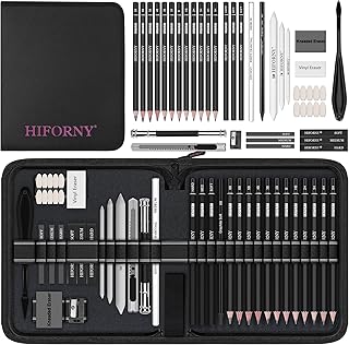 HIFORNY 42個 描画セット スケッチキット グラファイト&チャコール鉛筆、ブレンドツール、消しゴム&アクセサリー、ポータブルファスナー付きトラベルケース アーティスト&初心者向け