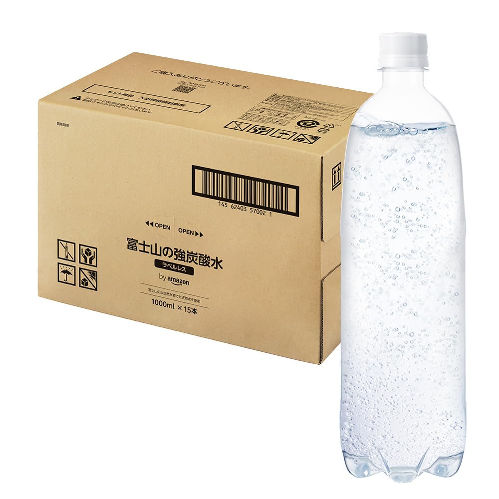 By Amazon Labelless Carbonated Water, 33.8 fl oz (1,000 ml) x 15 Bottles of Mt. Fuji Strong Carbonated Water, Vanadium Included, Plastic Bottle, 33.8 fl oz (1 L) Bottle, Split Material 1,000 ml x 15 bottles