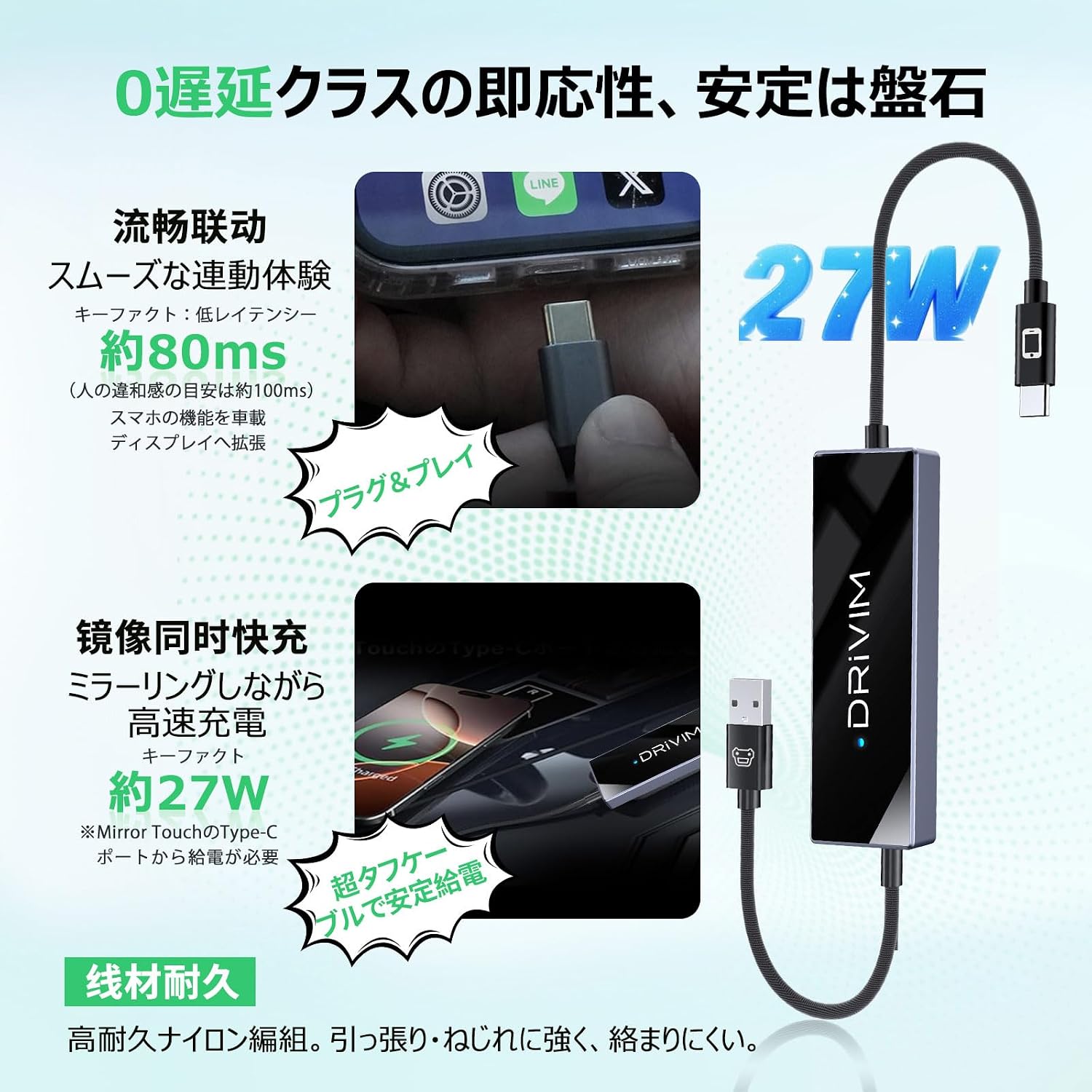DRIVIM Mirror Touch Двустороннее зеркальное отображение Mirror Touch управление в обратном направлении Беспроводной адаптер CarPlay позволяет управлять смартфоном с помощью автомобильной навигационной системы Оригинальное проводное автомобильное подключение, совместимое с CarPlay, Простое подключение с низкой задержкой [Сертифицировано для технического использования], фото 4