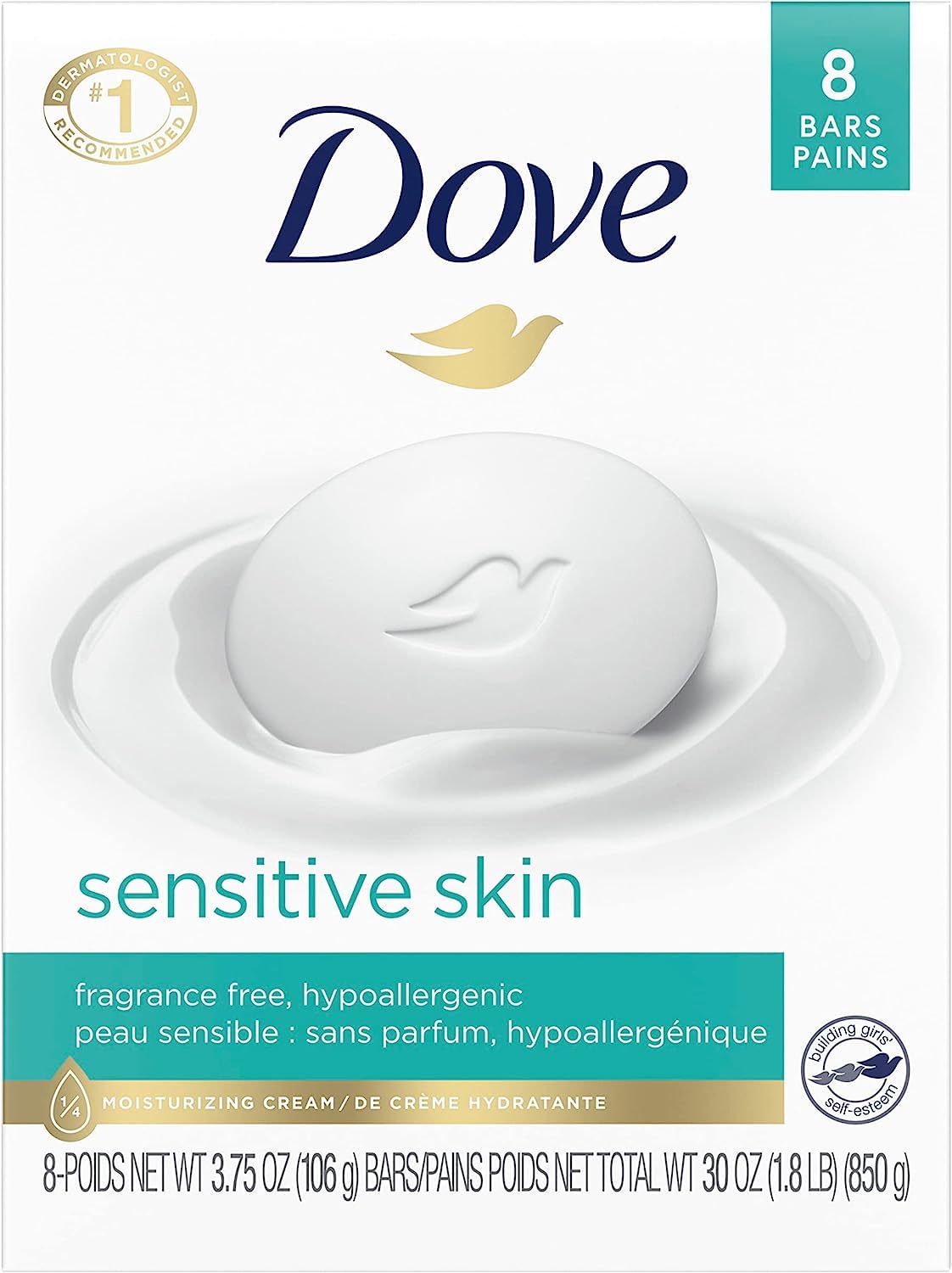 Dove Beauty Bar More Moisturizing Than Bar Soap for Softer Skin, Fragrance Free, Hypoallergenic Sensitive Skin With Gentle Cleanser 3.75 oz, 8 Bars