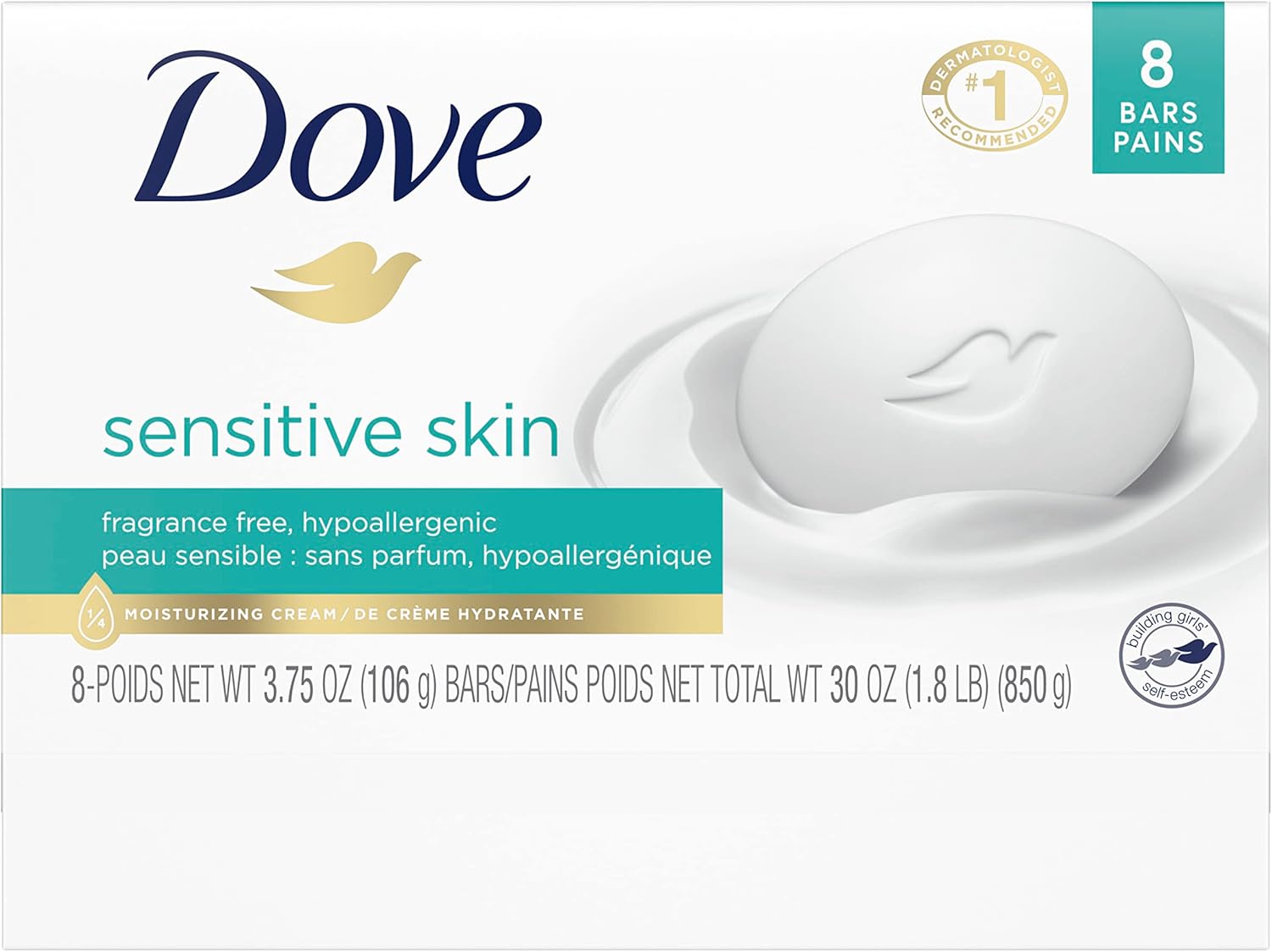 Батончик Dove Beauty Bar Более увлажняющий, чем обычное мыло, для более мягкой кожи, без отдушек, гипоаллергенный, чувствительной кожи с нежным очищающим средством, 3,75 унции, 8 батончиков, фото 3