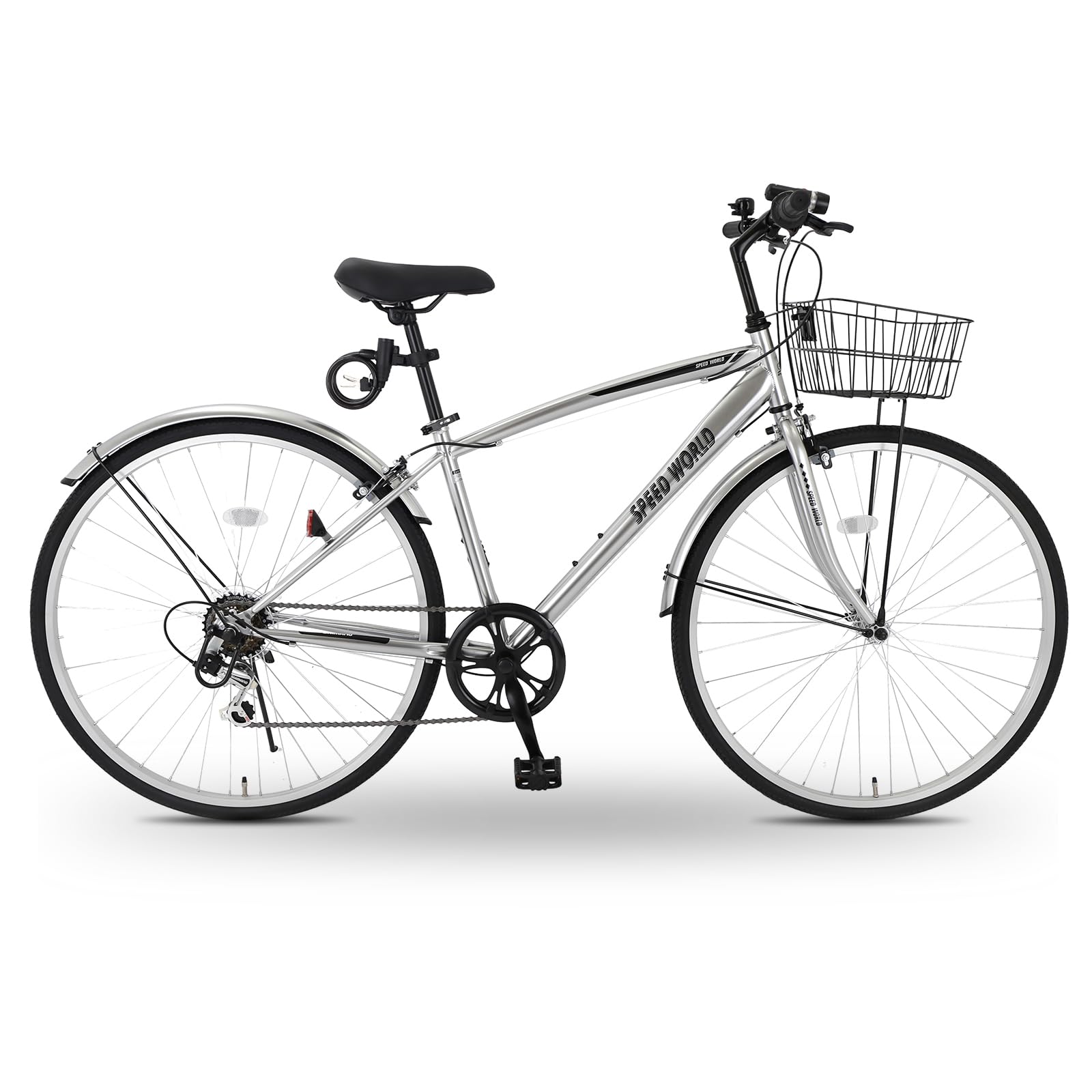 MAKTA Cross Bike, 26/27 Inches, Shimano Exterior, 6 Speed Gears, Basket, LED Light, Keys, Side Stand, Mud Flap, City Bike, Commuting to Work or School, Street Riding, Bicycle, Adult Men, Women, Sports Silver 27" (with basket)