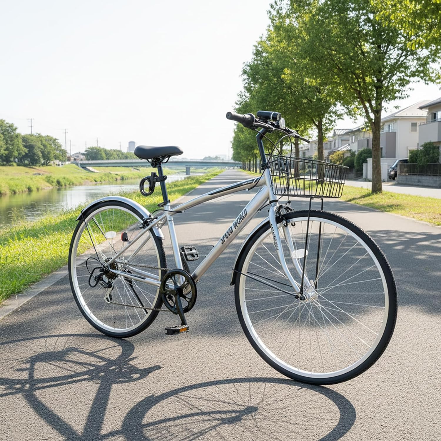 MAKTA Cross Bike, 26/27 дюймов, Внешний вид Shimano, 6 скоростей, Корзина, Светодиодная подсветка, Ключи, Боковая подставка, Брызговик, Городской велосипед, Для поездок на работу или в школу, Уличная езда, Велосипед, Для взрослых мужчин, Женщин, Спортивный серебристый, 27 дюймов (с корзиной), фото 2
