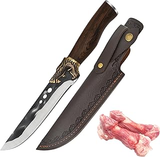 HIROSHI 骨スキ料理包丁 筋引きナイフ 高炭素ステンレス 147mm 鍛造加工 黒打ち 錆びにくい 天然ウェンジウッド柄 革鞘付き アウトドアナイフ キャンプ包丁 釣り 狩猟解体