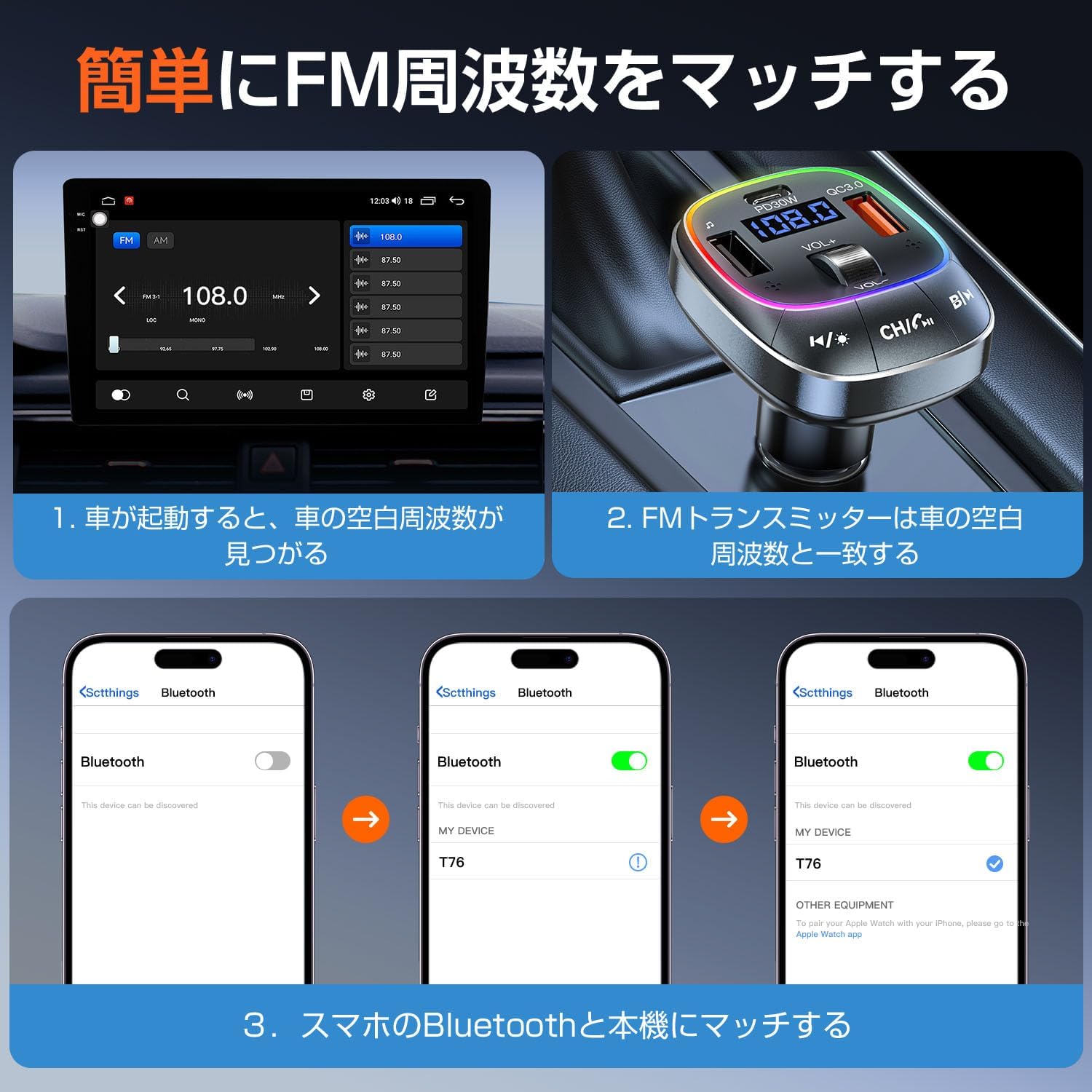 【Новинка 2025 года】 FM-передатчик Bluetooth 5.3, Двойной микрофон, Режим шумоподавления, воспроизведения музыки, 3 порта USB и Type-C, 30 Вт, 12 В / 24 В, фото 7