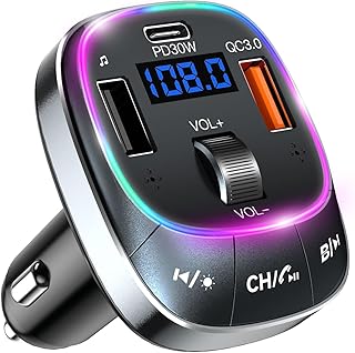 【2026新登場】FMトランスミッター Bluetooth 5.3 デュアルマイク ノイズ軽減 音楽再生モード 車載充電器 3つポート USB&Type-C QC3.0急速充電 PD30W対応 12V/24V車対応 ハンズフリー通話 7色LEDライト シガーソケット USBメモリ