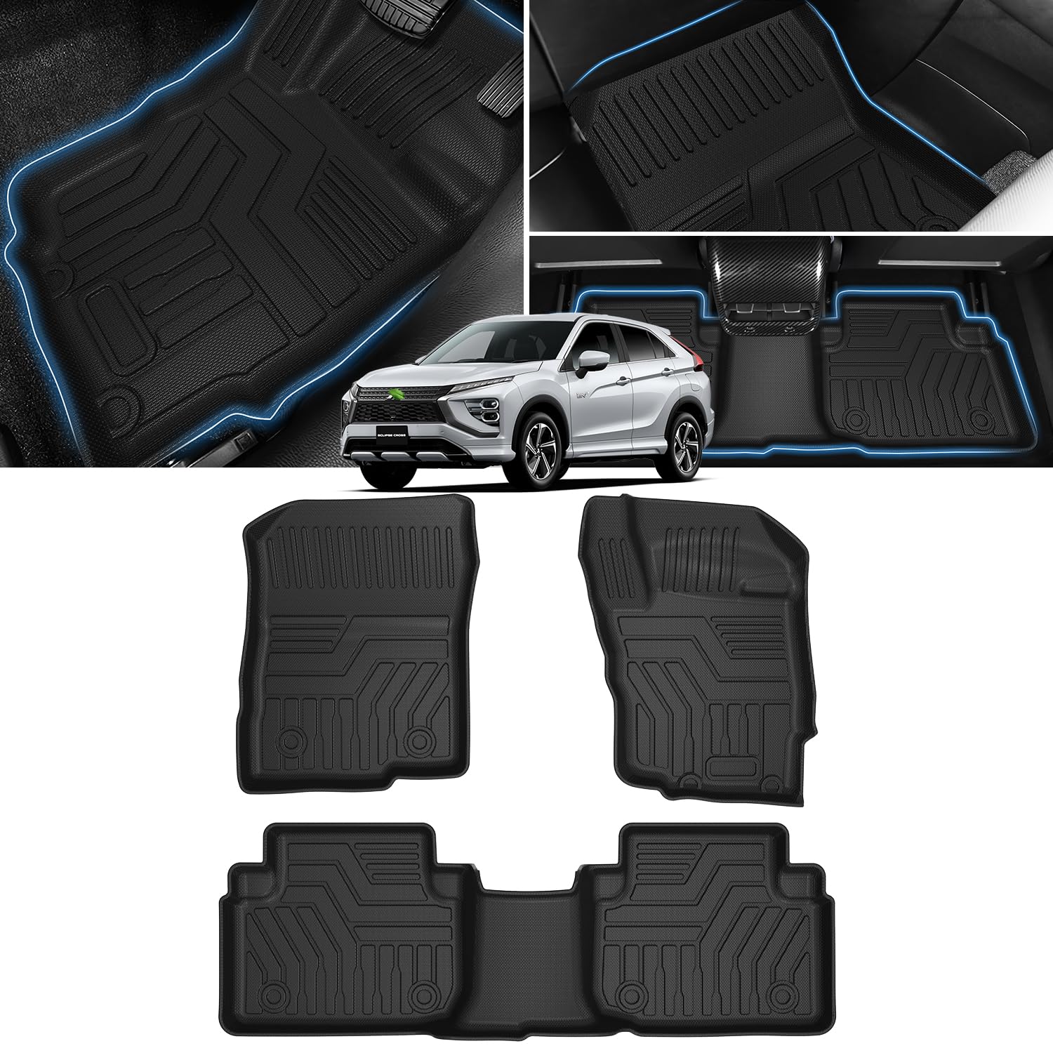 Cartist 三菱 エクリプスクロス GK系 フロアマット GK1W GK9W型 3Dフロアマット カーマット セカンドマット Eclipse Cross 2018年～現行 防水マット 滑り防止 耐汚れ TPE素材 カスタムパーツ 車種専用設計 取付簡単 アクセサリー カー用品 3PCSセット エクリプスクロス GK系 ブラック