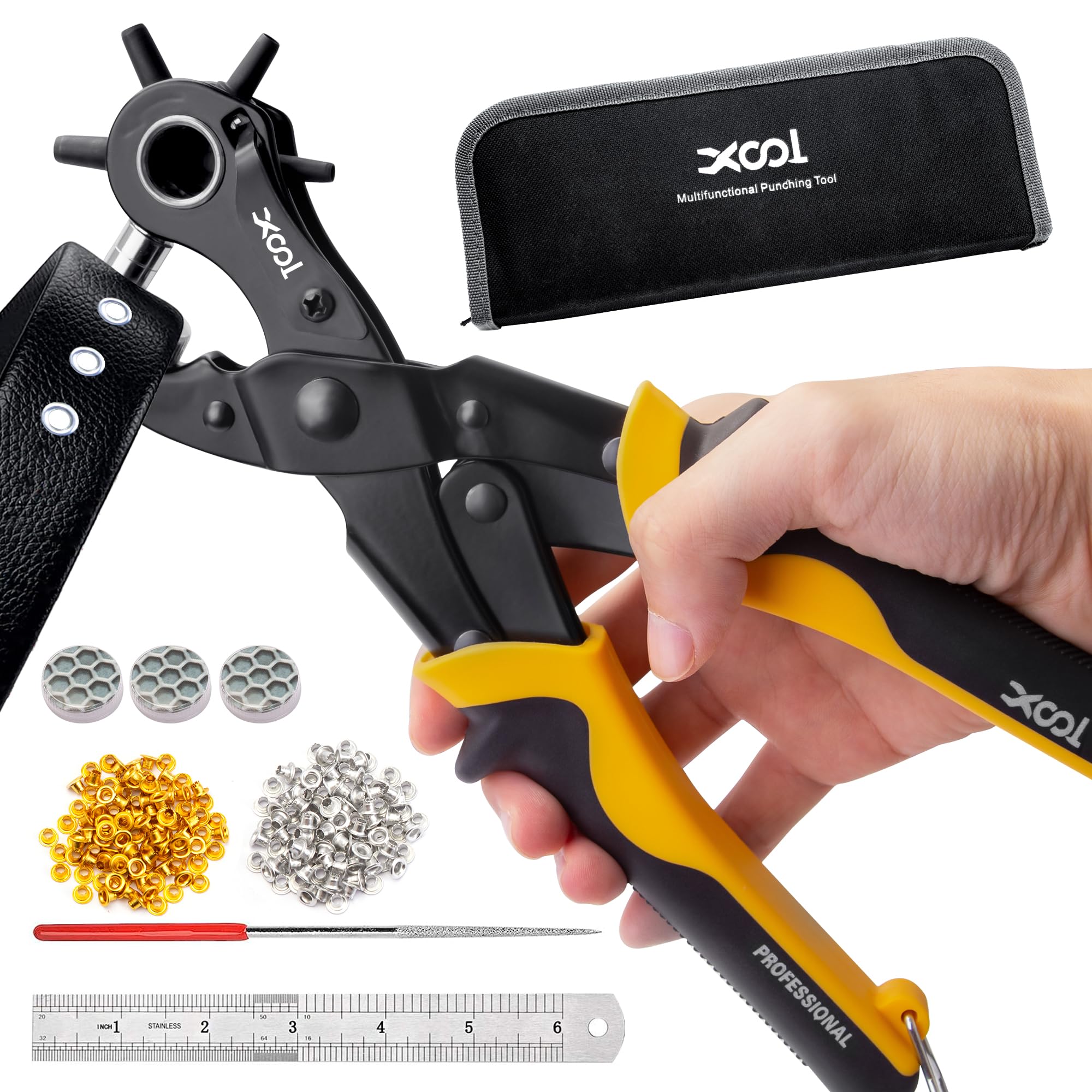 XOOL 2 in 1 Eyelet Punch (4.5mm) & Belt Hole Punch, Hole Puncher Pliers, Multi-Function Punch Pliers, Multi-Purpose Hole Punching Tool, Rotary Hole Punching Tool, with Eyelets (200 pcs), Base Grommet & Leather Punch 2 in 1