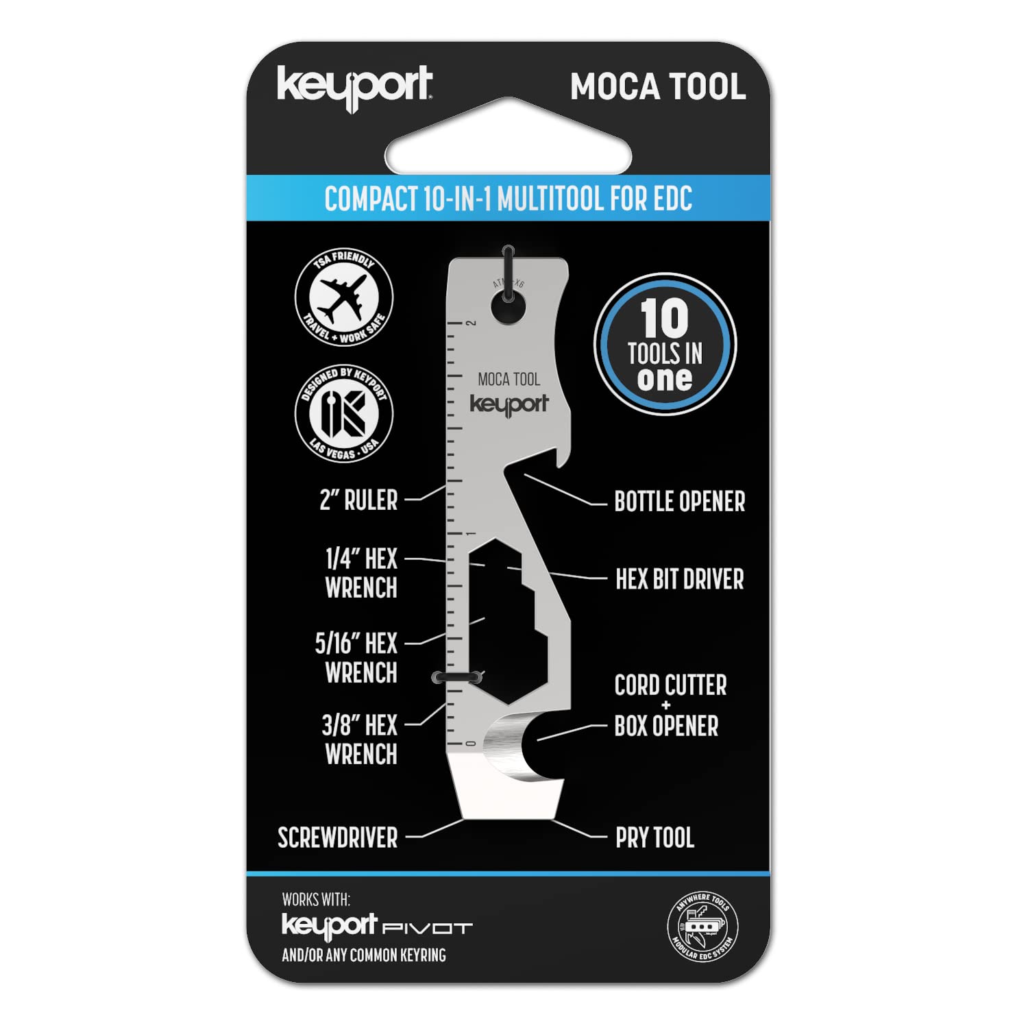Keyport MOCA 10 in 1 Key Tool Key Chain Multi Tool (Bottle Opener, Screwdriver, Cord Cutter, Box Opener Scoring Tool Hex Bit Screwdriver 3 Wrench Ruler) TSA Compatible Keyport Pivot Keychain Size