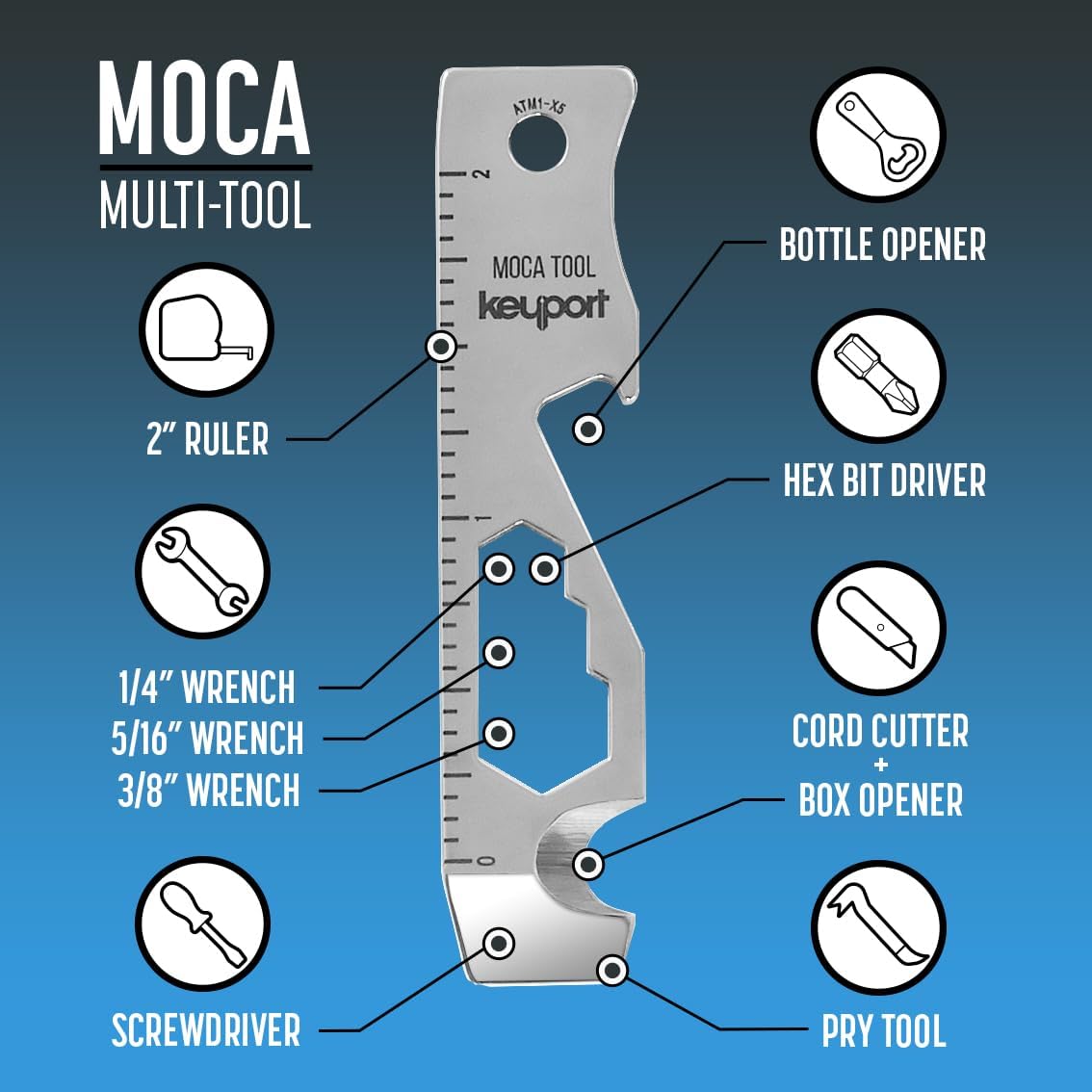 Порт для ключей (порт для ключей) MOCA 10-в-1 для ключей, Мультиинструмент для цепочки для ключей (отвертка для открывания бутылок, резак для шнура, открывалка для коробок, инструмент для забивания отверстий, шестигранный гаечный ключ × 3 линейки), Размер брелка для ключей для соответствия требованиям TSA., фото 3