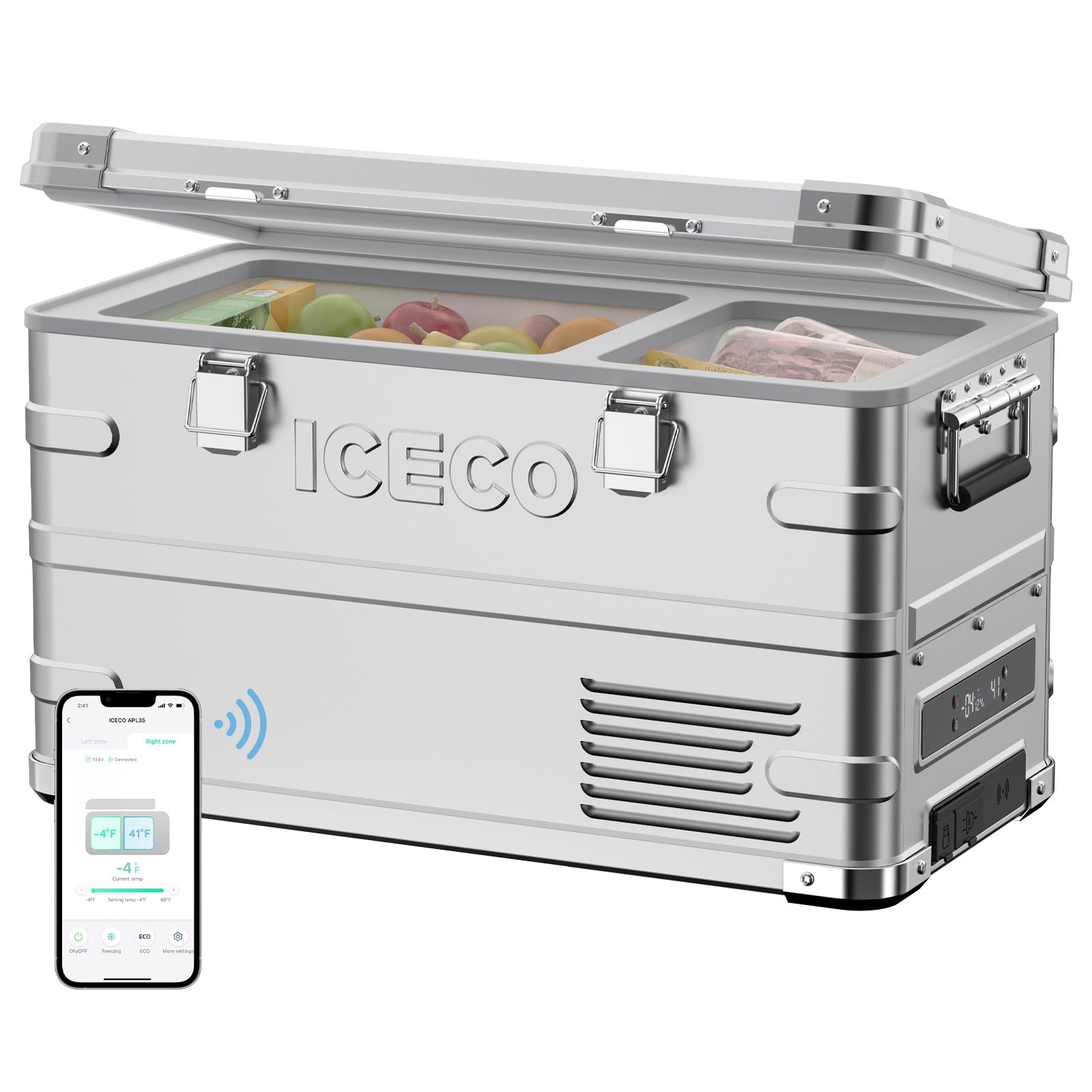 ICECO APL35 Aluminum Portable Refrigerator 35L -20℃～20℃ Car Refrigerator Lightweight 5-Year Quality Guarantee Low Operation Noise Fast Freezing App Control 3WAY Power Supply Compatible DC12V/24V Silver 35L