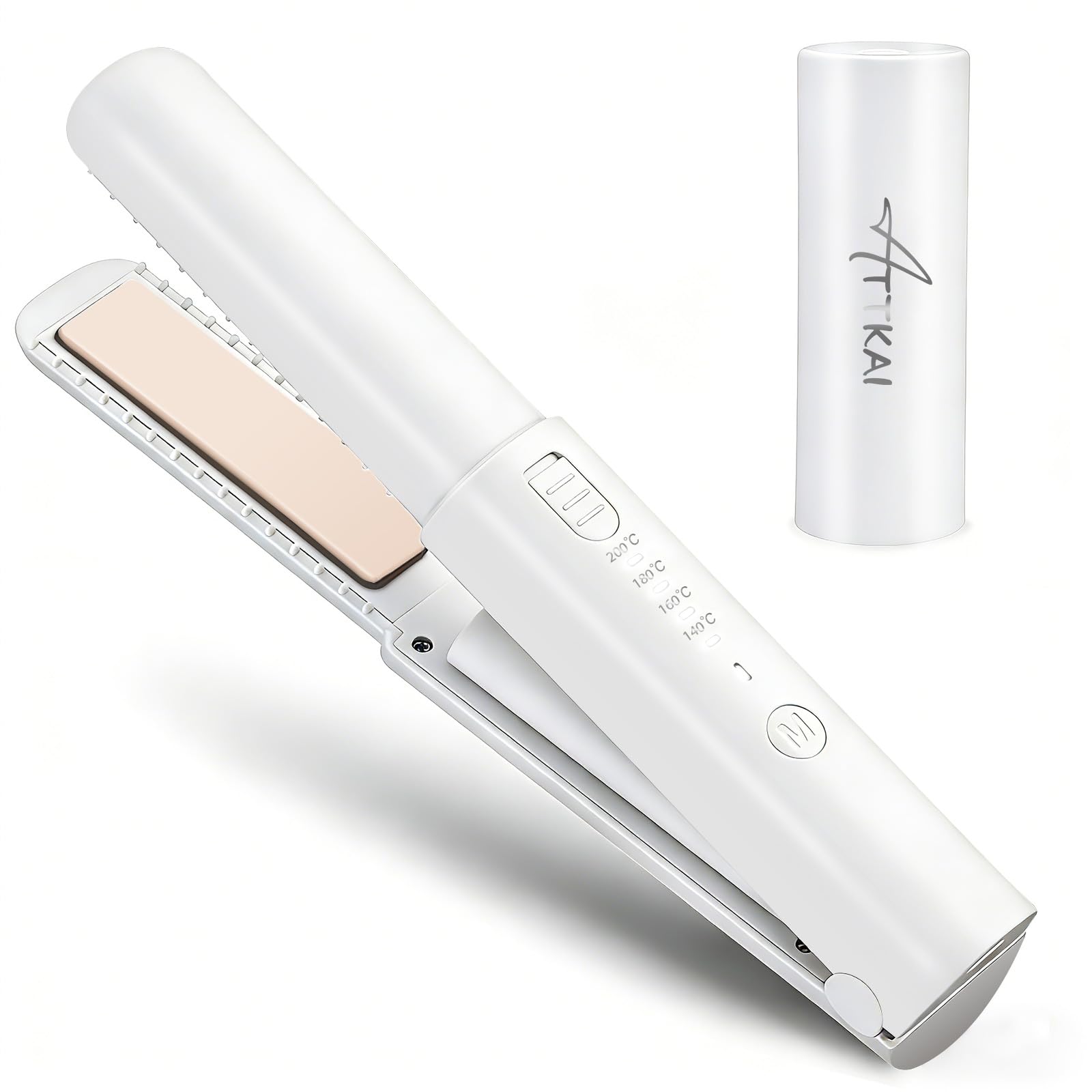 Cordless Hair Iron, 2-Way, Type-C Rechargeable, 5,000 mAh, Large Capacity, Cordless & Mini, 0.8 inch (20 mm) Board Surface, 294°F to 392°F (140°C to 200°C), 4 Temperature Settings, 20s Rapid Heating, Cordless Straight Set, 20 Minutes, Automatic Power Off, Anti-Start Lock, Unisex, Hand Wind Curler, Small, Lightweight, Japanese Instruction Manual Included, Convenient for House/Outing Wear / Commuting / Travel For (White)