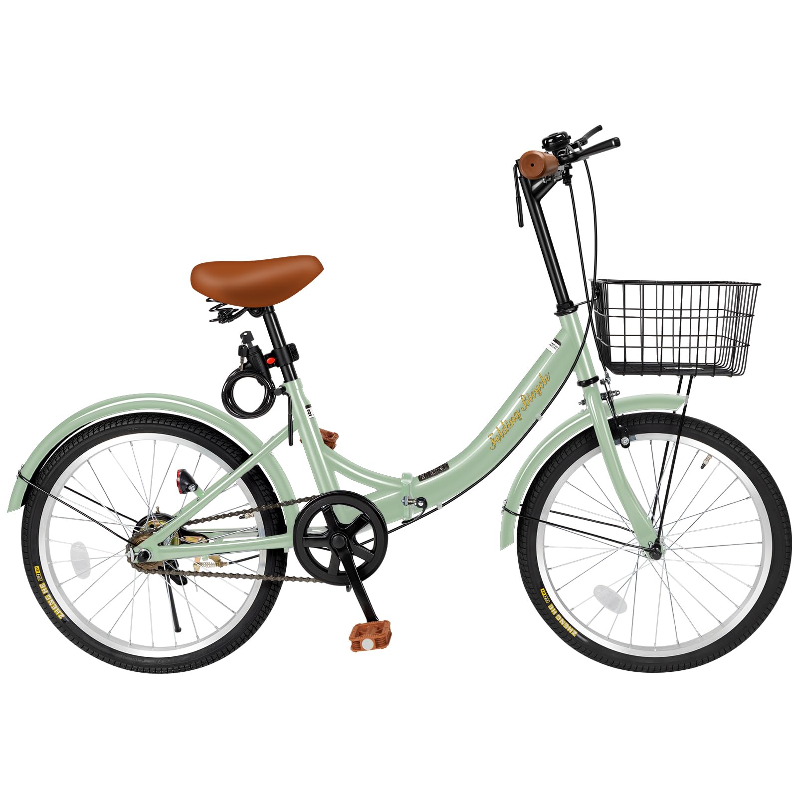 Mixiu Folding Bicycle, 20 Inches, Small, Lightweight, Folding Bicycle, High Carbon Steel Frame, Anti-Slip Tires, Basket, Bell, Wire Lock Included, For Work or School, Unisex green (light green)