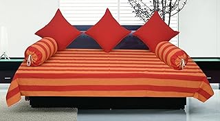 New Ladies Zone Cotton Striped Single Bed Sheet, 2 Bolster Covers, 3 Cushion Covers Diwan Set, 60 X 90 inch, Red