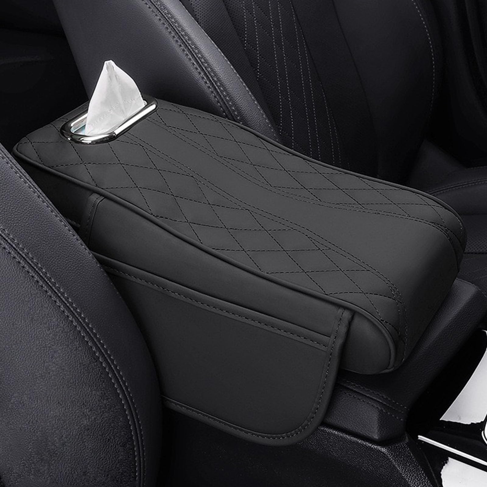 Console Box Car Console Armrest Cover with Elbow Rest Cushion Tissue Convenient Pocket Ergonomic Design Reduces Fatigue Long Drive Support PU Material Cross Stitch Pattern Memory Sponge Core High & Low Model - Includes Tissue Box + Side Pocket Storage