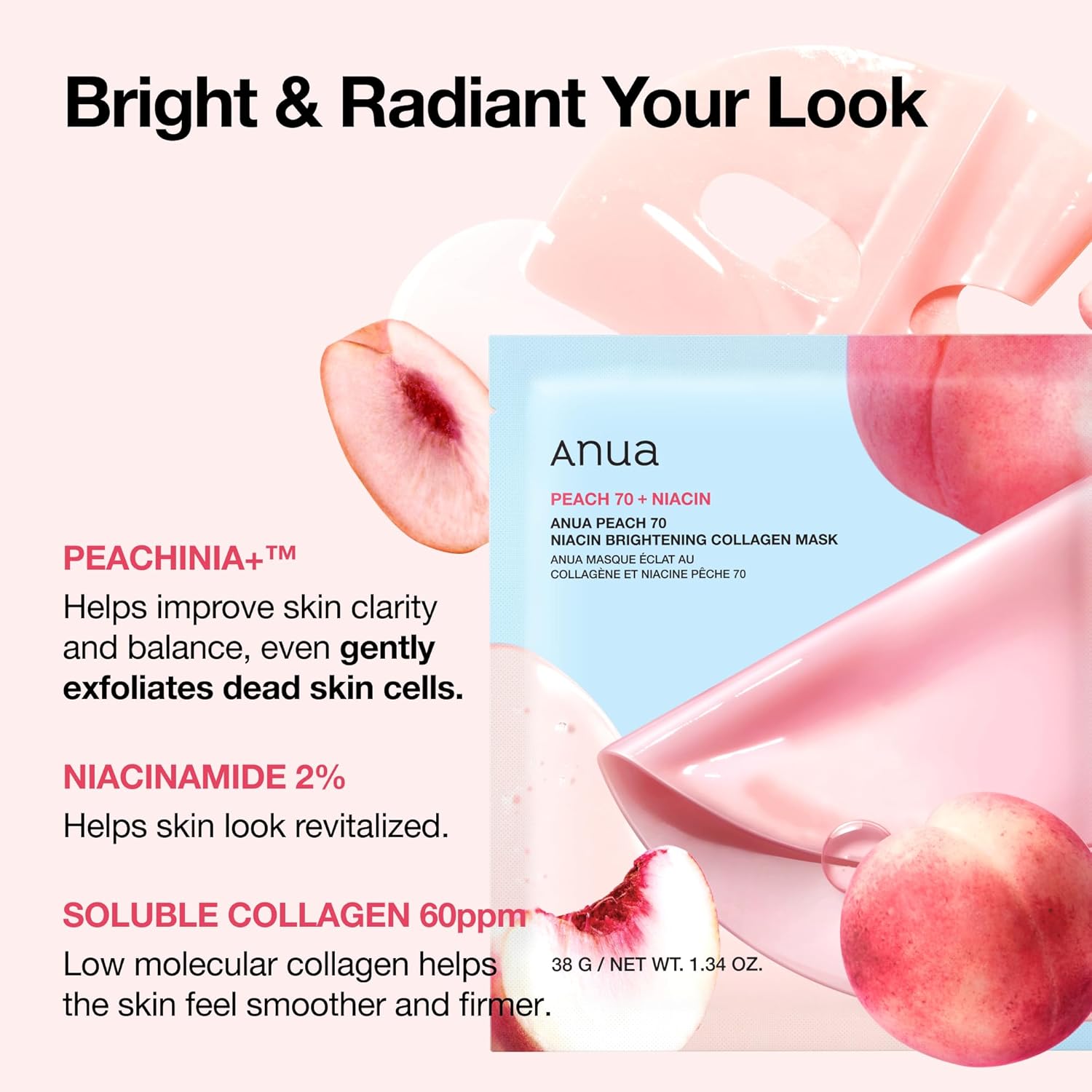 Маска для лица с ниацином и коллагеном ANUA Peach 70 (4 штуки) Текстура кожи, блеск, водный блеск, кератин, уход за порами, увлажнение, увлажнение сухой кожи, комбинированная кожа, персиковая маска с ниацином и коллагеном, листовая маска, Коллагеновая маска для лица, Уход за кожей, фото 3