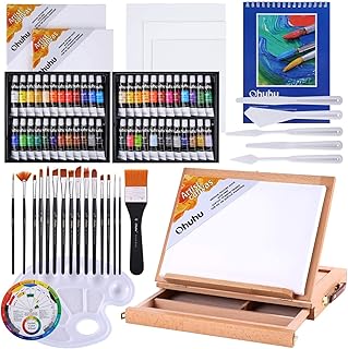Ohuhu アクリル絵の具 78点セット 画材 絵具 絵画 絵の具セット 白 黑 大人 初心者 男の子 女の子 Acrylic Paint Set 48色 15本筆 1個卓上イーゼル 1本平筆 キャンバス5枚 パレットナイフ5本 1個パレット 1個カラーホイール 1冊画用紙