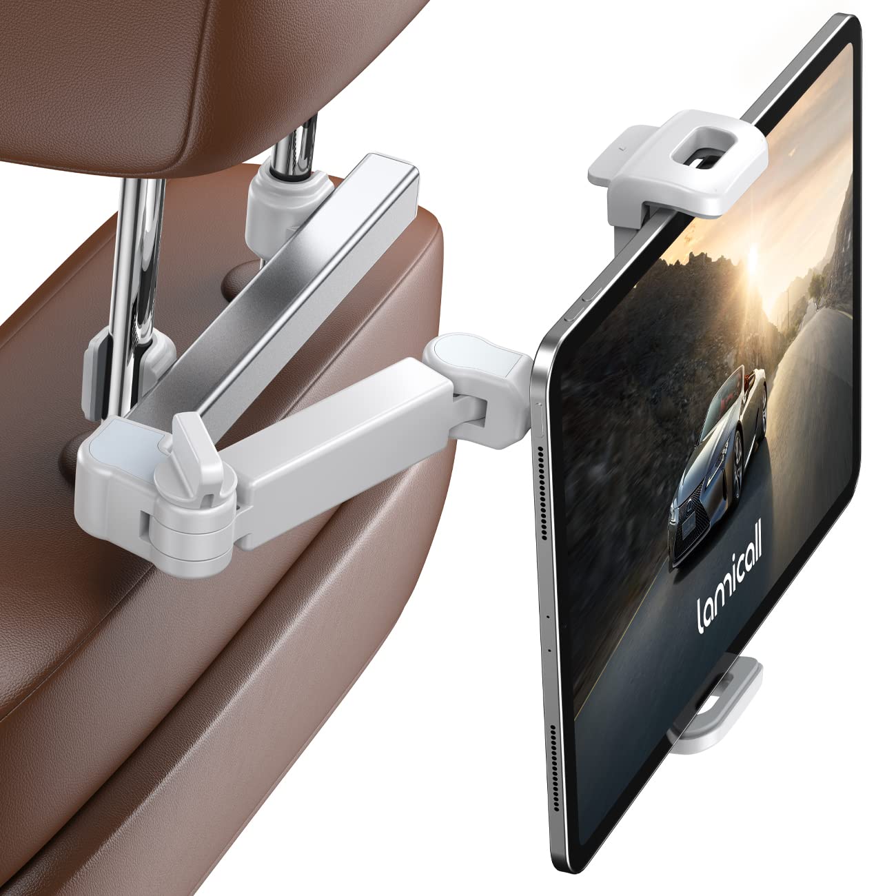 車 タブレットホルダー 後部座席 伸縮アーム:Lamicall 車載ヘッドレスト ipad ホルダー バーの適用幅範囲72mm-150mm ホワイト
