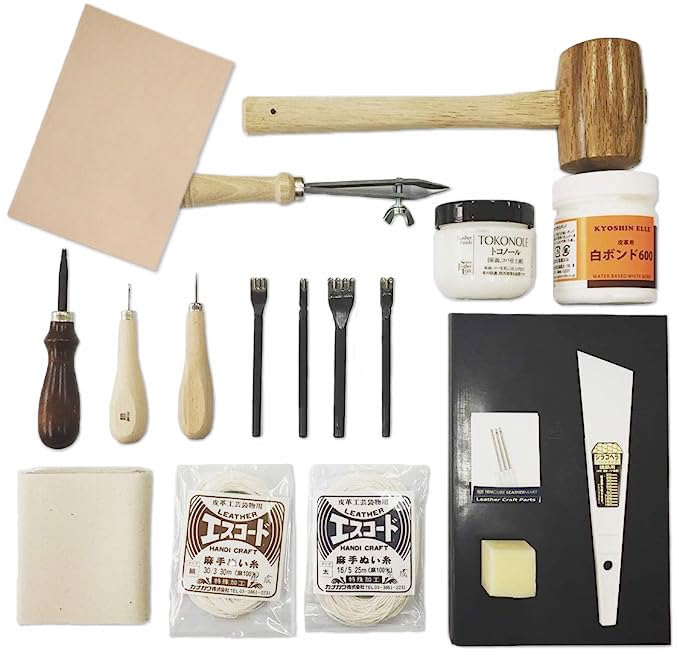 10cube Leathermart Leather Craft Tool 18-Piece Set, Hand Sewing Complete Kit [Made in Japan] + 1 Piece A4 Size 1.0mm Thick Cowhide Tan Leather