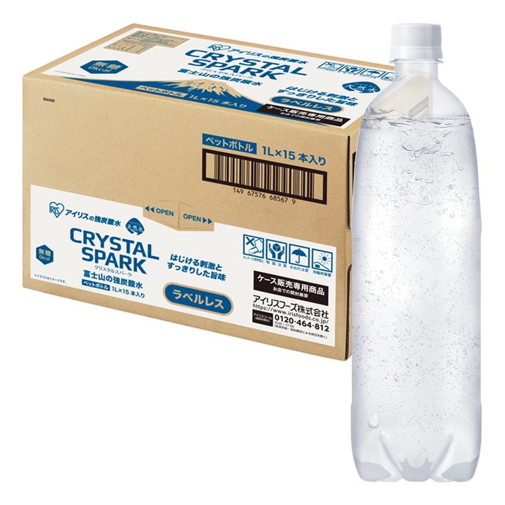 Iris Ohyama Sparkling Water, Label-Free, 1000ml x 15 Bottles, Fuji Mountain Strong Sparkling Water, Contains Vanadium, Strong Sparkling Water, PET Bottle, Produced in Shizuoka Prefecture, Case, 1 Plain 15 bottles